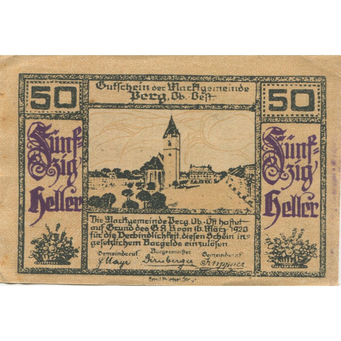Billet, Autriche, Perg, 50 Heller, Blason, 1920, 1920-12-31, SUP, Mehl:FS 730I