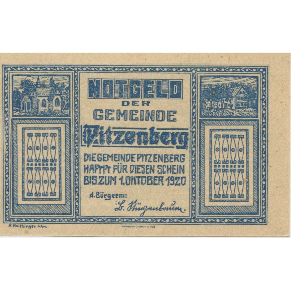 Banknote, Austria, Pitzenberg, 20 Heller, champs, 1920 UNC(63) Mehl:FS 753