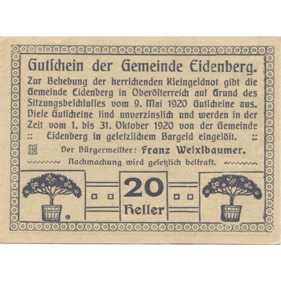 Banknote, Austria, Lobenstein, 20 Heller, ruine, 1920 UNC(63) Mehl:FS 809