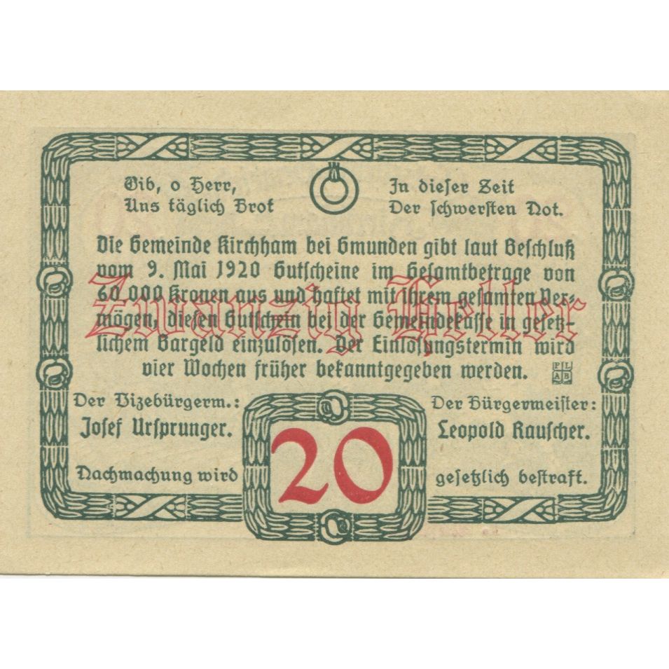 Banknote, Austria, Kirchham, 20 Heller, champs, 1920 UNC(63) Mehl:FS 446Ia