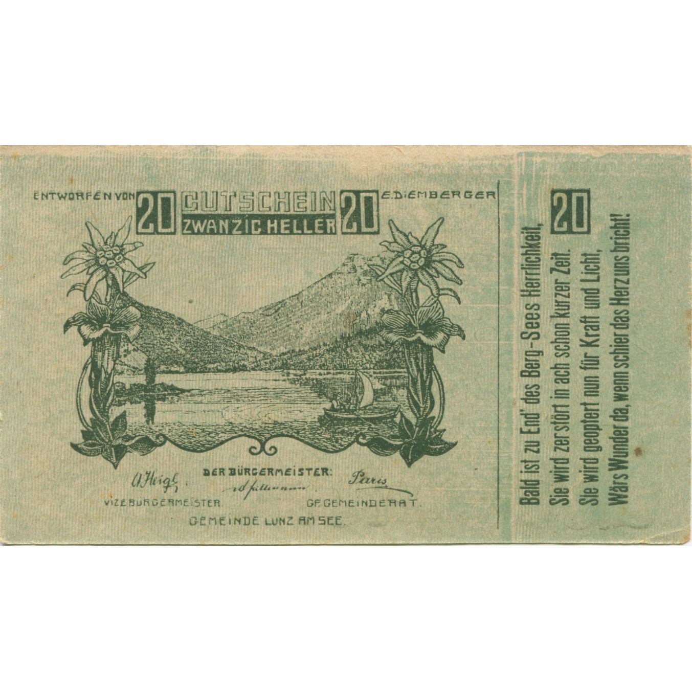 Banknote, Austria, Lunz am See, 20 Heller, paysage, 1920 AU(55-58) Mehl:FS 571a