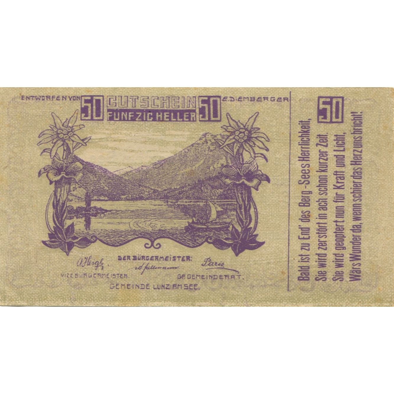 Banknote, Austria, Lunz am See, 50 Heller, paysage, 1920, UNC(63) Mehl:FS 571a