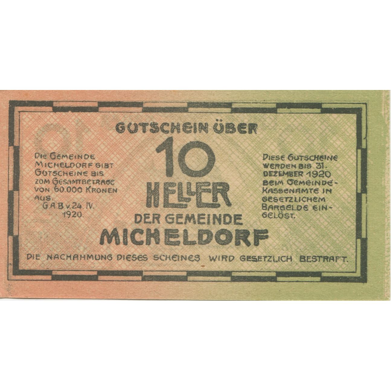 Banknote, Austria, Micheldorf, 10 Heller, château, 1920 UNC(63) Mehl:FS 612a
