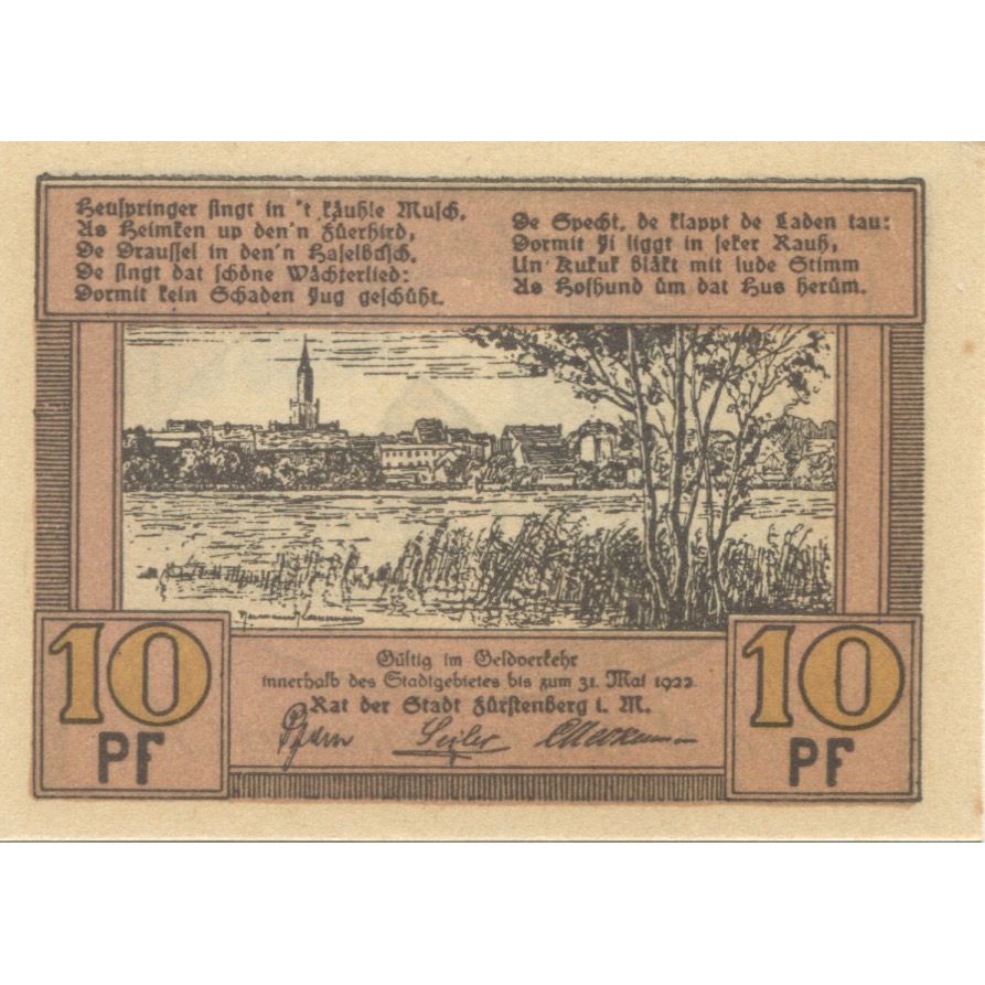 Banknote, Germany, Furstenberg 10 Pfennig, château, 1922 UNC(63) Mehl: 402.15