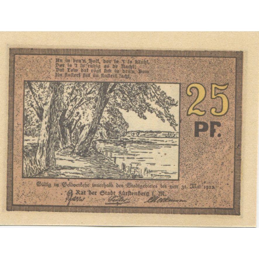 Banknote, Germany, Fürstenberg, 25 Pfennig, château, 1922 UNC(63) Mehl: 402.15