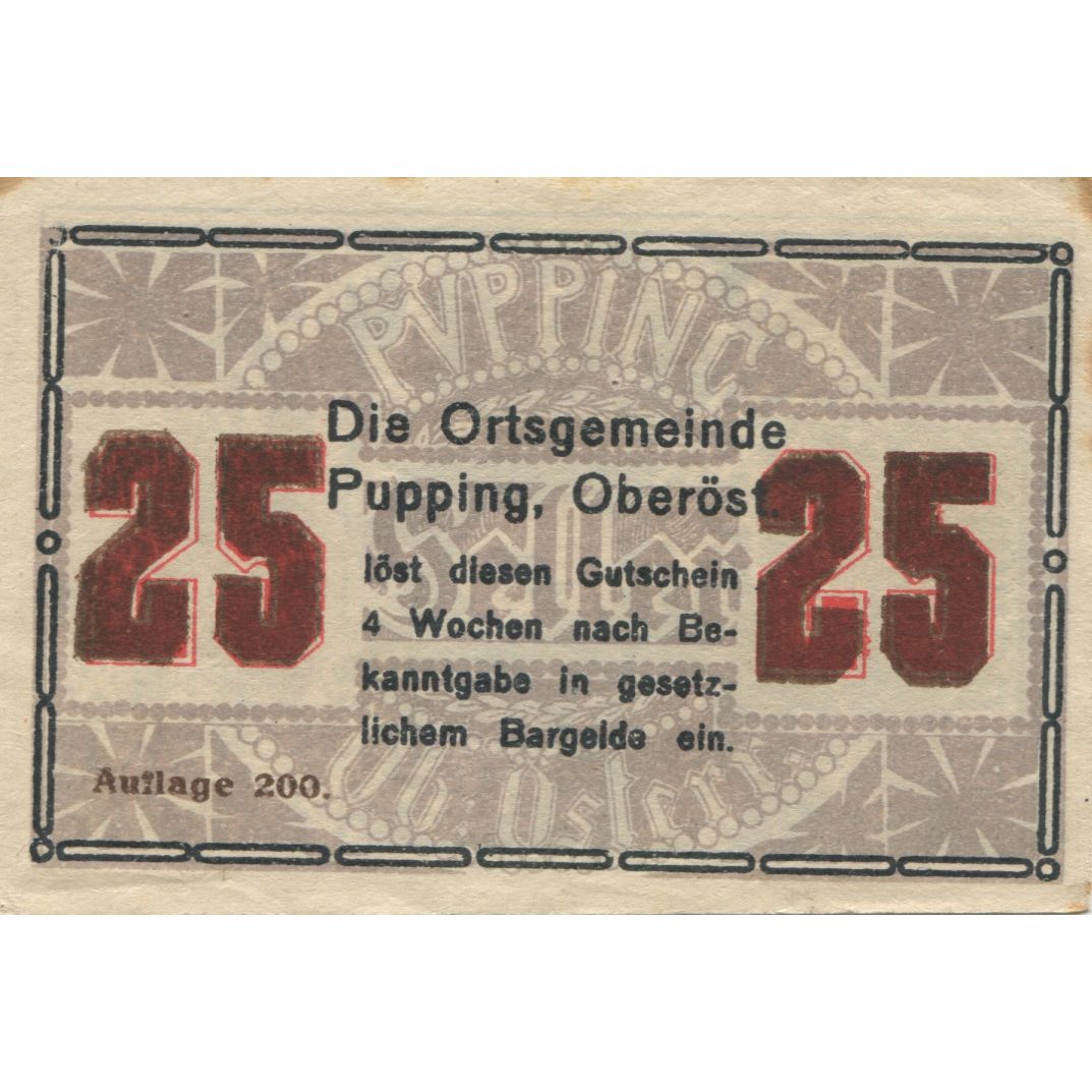 Banknote, Austria, Pupping, 25 Heller, pont, 1920, AU(55-58), Mehl:FS 792