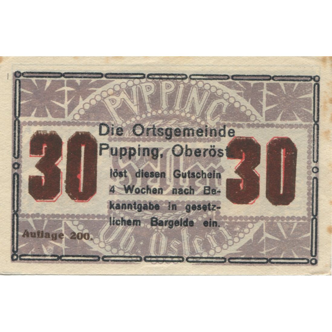 Banknote, Austria, Pupping, 30 Heller, porte, 1920, AU(55-58), Mehl:FS 792