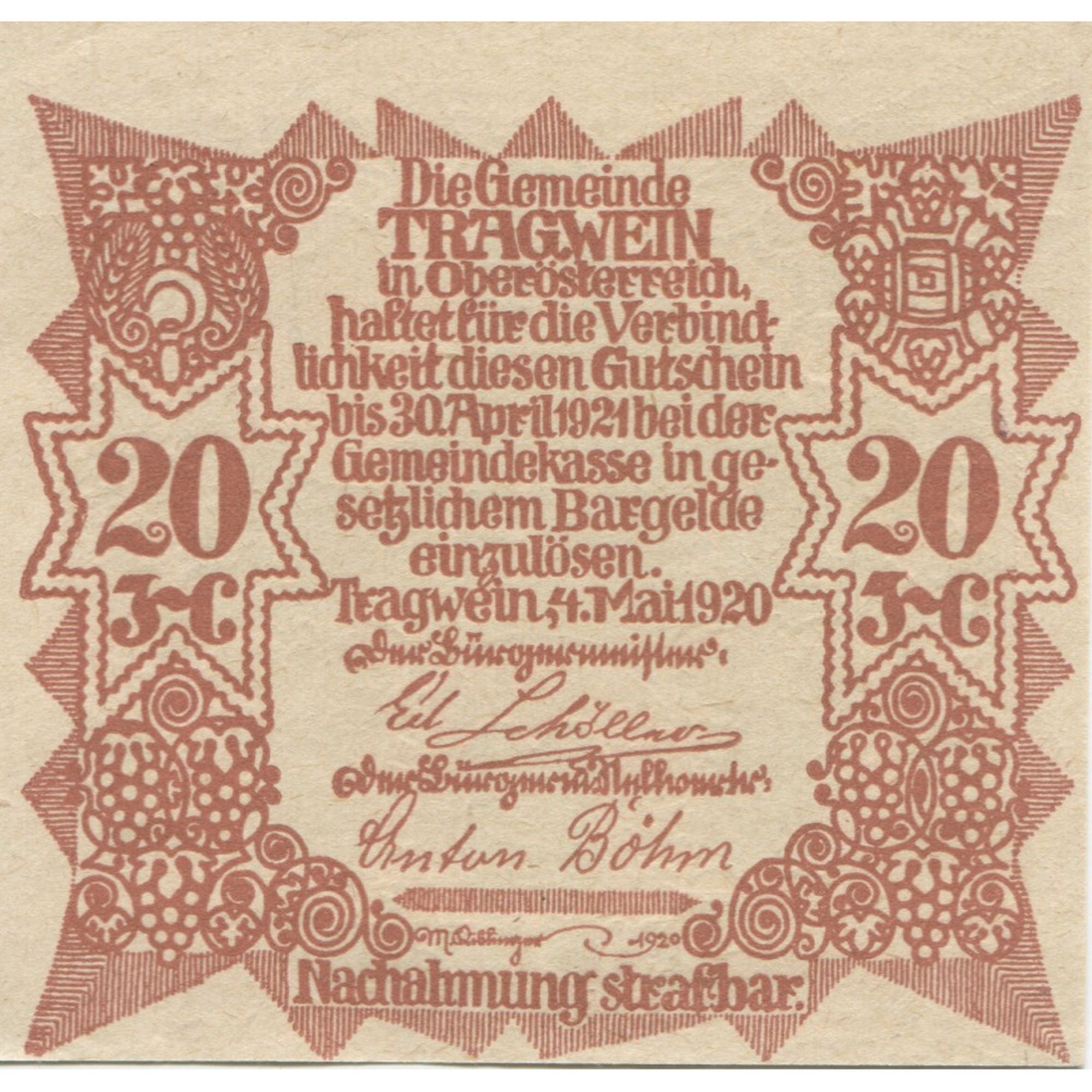 Banconote, Austria, Tragwein, 20 Heller, Eglise 1921-04-30, SPL Mehl:FS 1075Ia