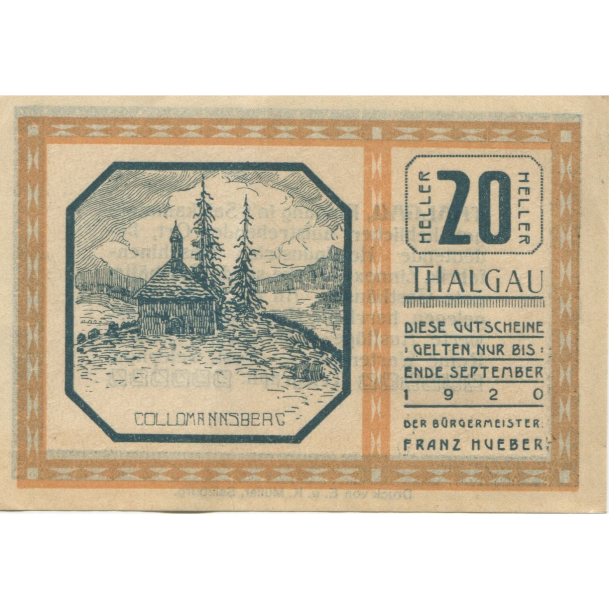 Banknote, Austria, Thalgau, 20 Heller, montagne, 1920 UNC(60-62) Mehl:FS 1065a