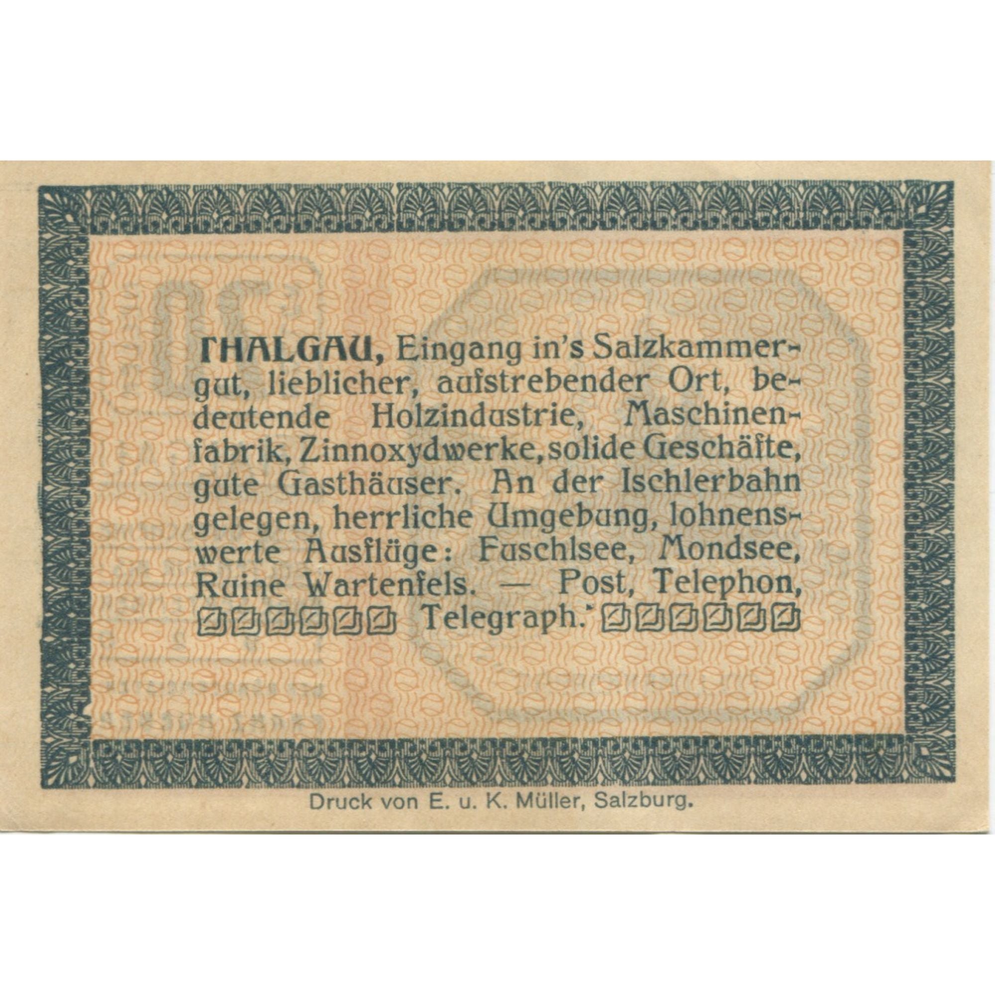 Banknote, Austria, Thalgau, 20 Heller, montagne, 1920 UNC(60-62) Mehl:FS 1065a