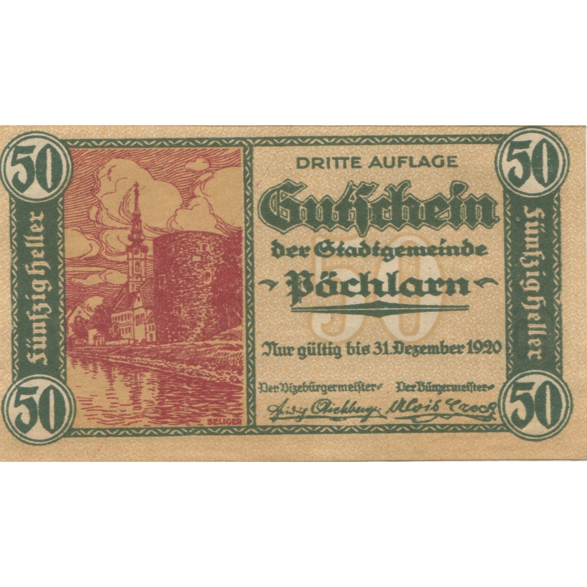 Banknote, Austria, Pochlarn, 50 Heller, Eglise, 1920 UNC(63) Mehl:FS 755III