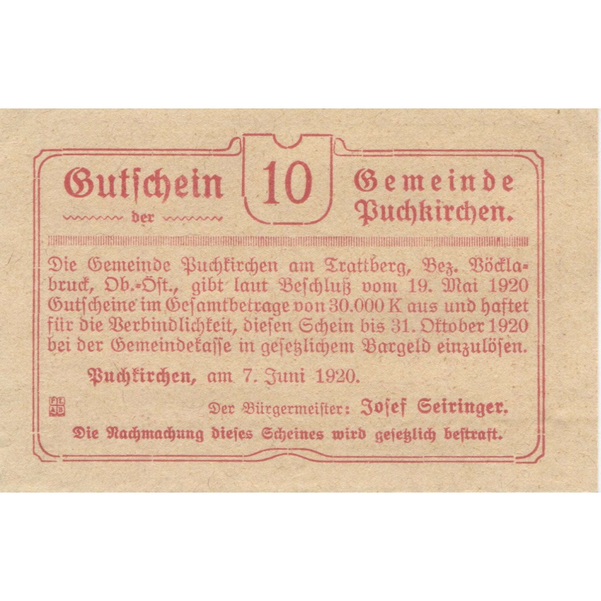 Banknote, Austria, Puchkirchen, 10 Heller, blé, 1920 UNC(63) Mehl:FS 789
