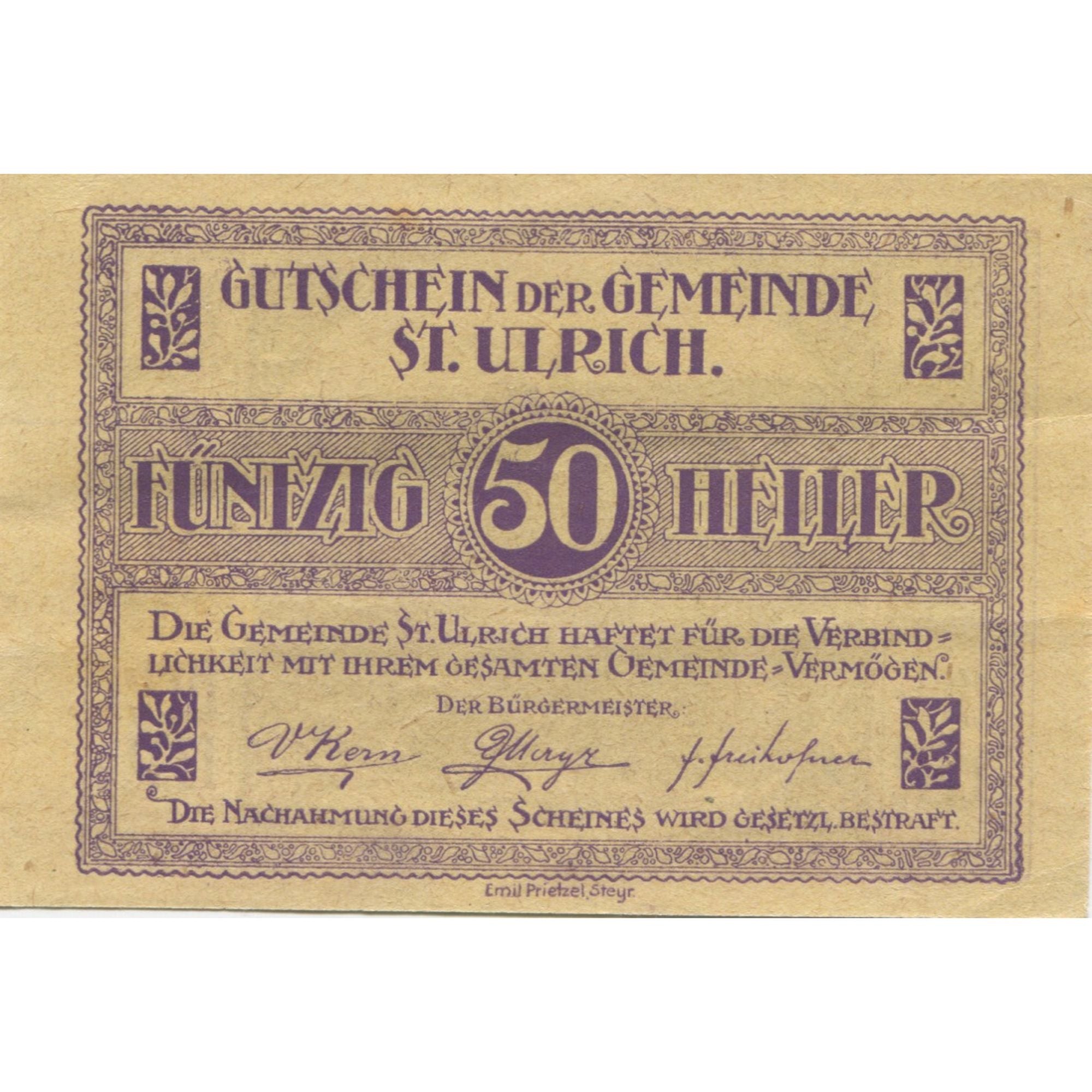 Banknote, Austria, St Ulrich, 50 Heller, paysage, 1920 UNC(63) Mehl:FS 940