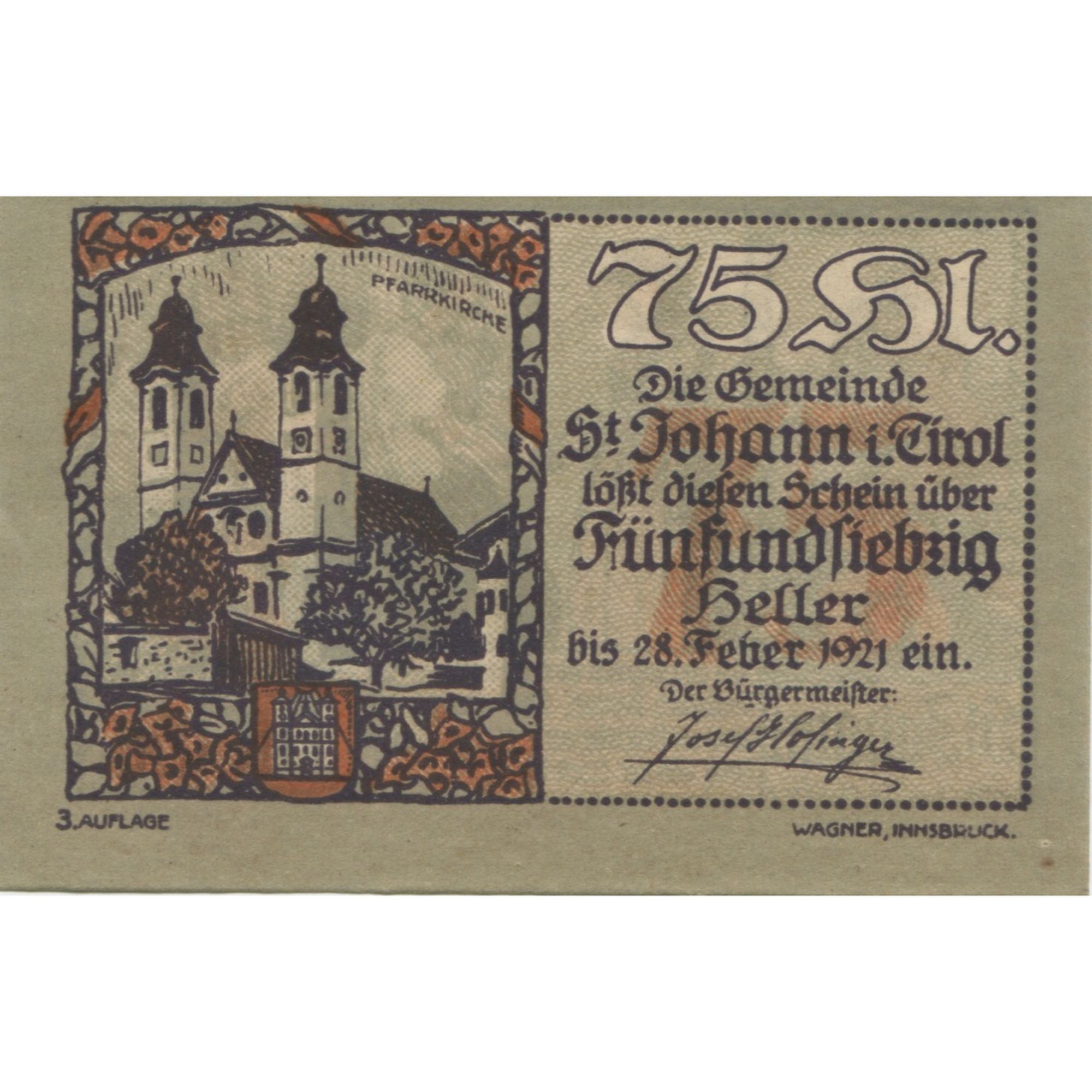 Banconote, Austria, St Johann, 75 Heller, personnage 1921-01-30, SPLMehl:FS 898a