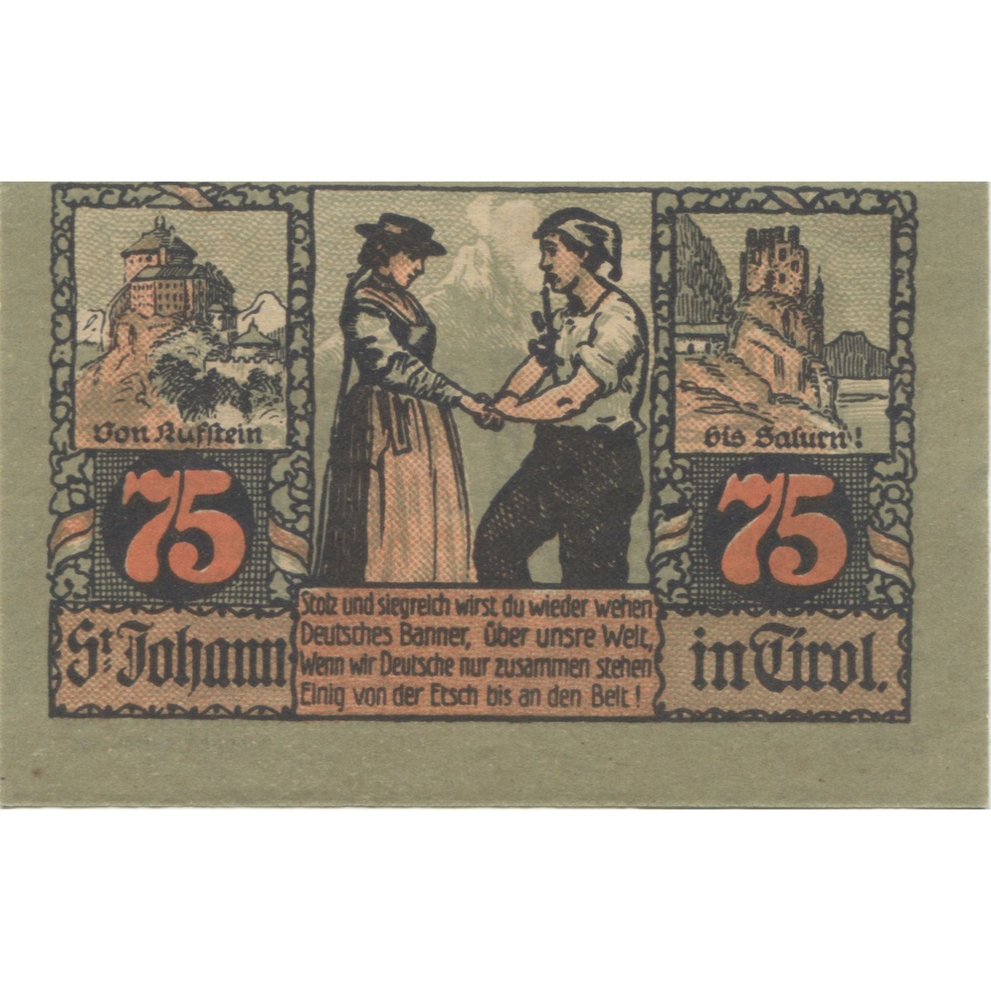 Banconote, Austria, St Johann, 75 Heller, personnage 1921-01-30, SPLMehl:FS 898a