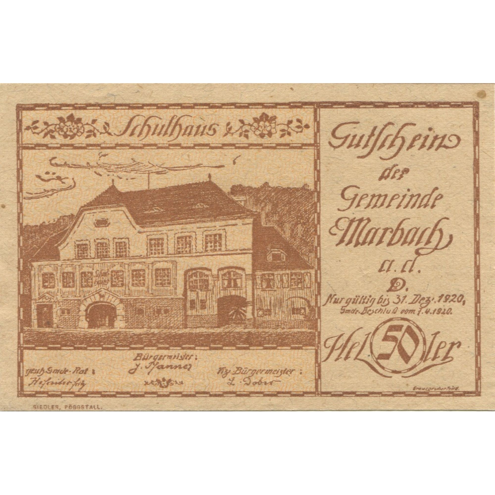 Banknote, Austria, Marbach, 50 Heller, mairie, 1920 UNC(63) Mehl:FS 579I
