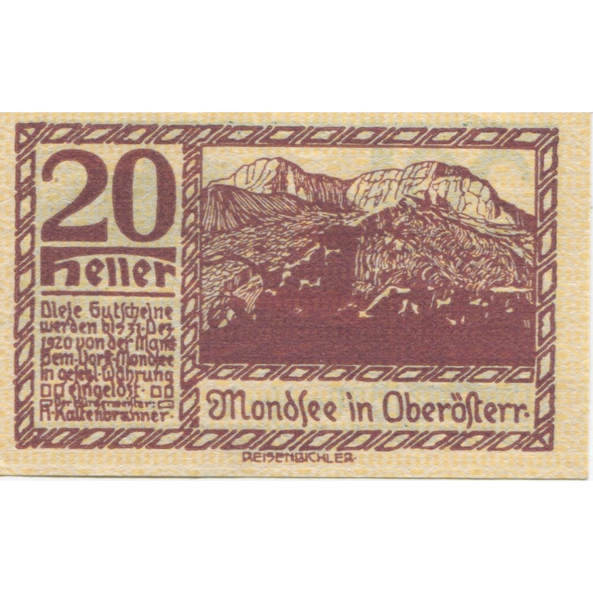 Banknote, Austria, Mondsee, 20 Heller, champs, 1920 UNC(63) Mehl:FS 626a1