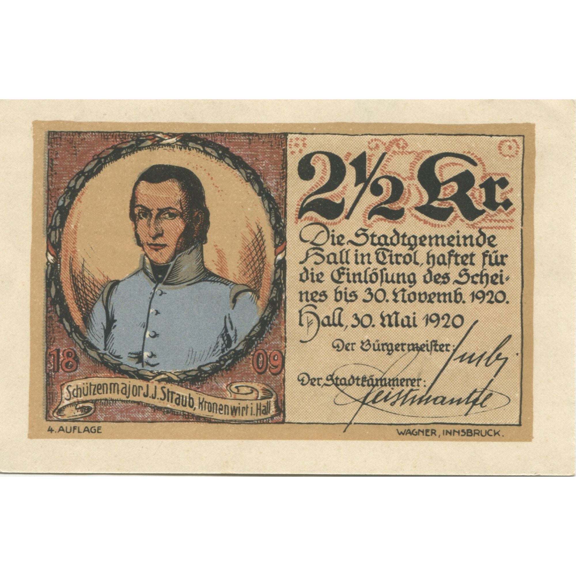 Geldschein, Österreich, Hall, 2 1/2 Kronen, portrait, 1920 UNZ- Mehl:FS 342IId