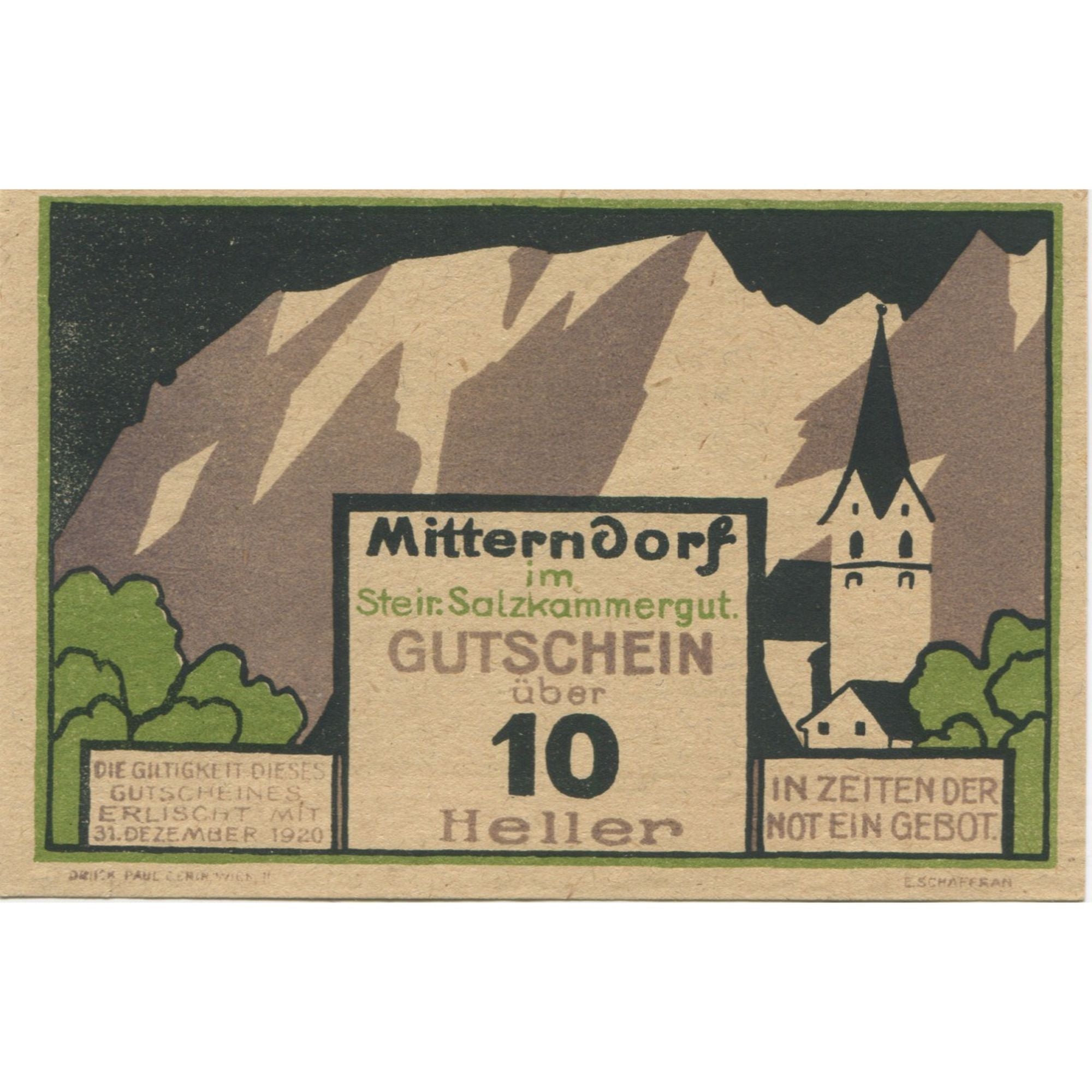Banknote, Austria, Mitterndorf, 10 Heller, montagne, 1920 UNC(63) Mehl:FS 621Ia