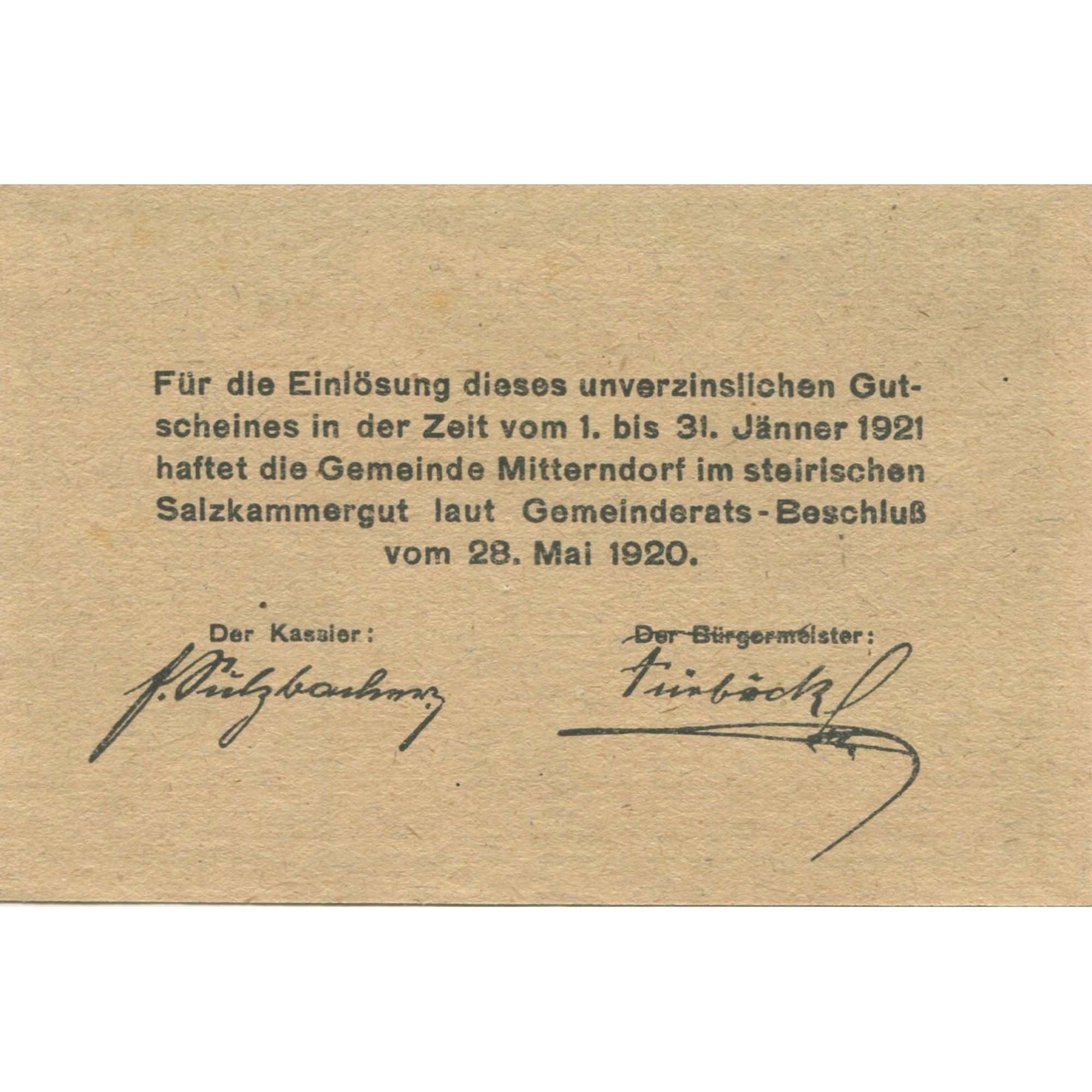 Banknote, Austria, Mitterndorf, 10 Heller, montagne, 1920 UNC(63) Mehl:FS 621Ia