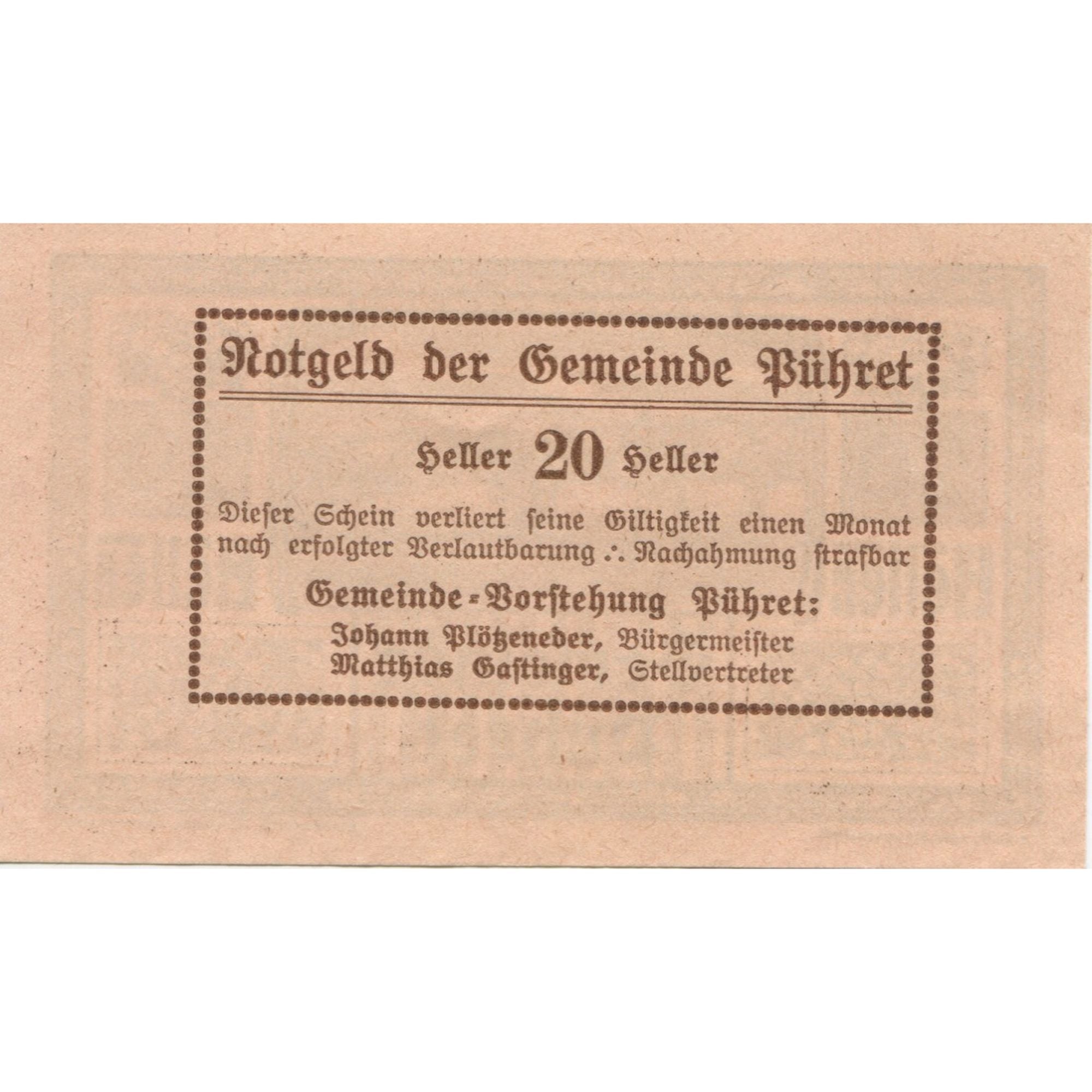 Banknote, Austria, Pühret, 20 Heller, champs, 1920, UNC(63), Mehl:FS 791a
