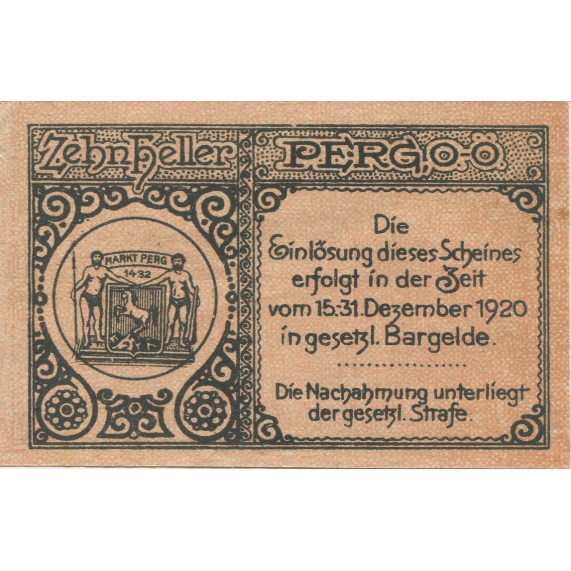 Banknote, Austria, Perg, 10 Heller, Blason 1920-12-31, UNC(63), Mehl:FS 730I