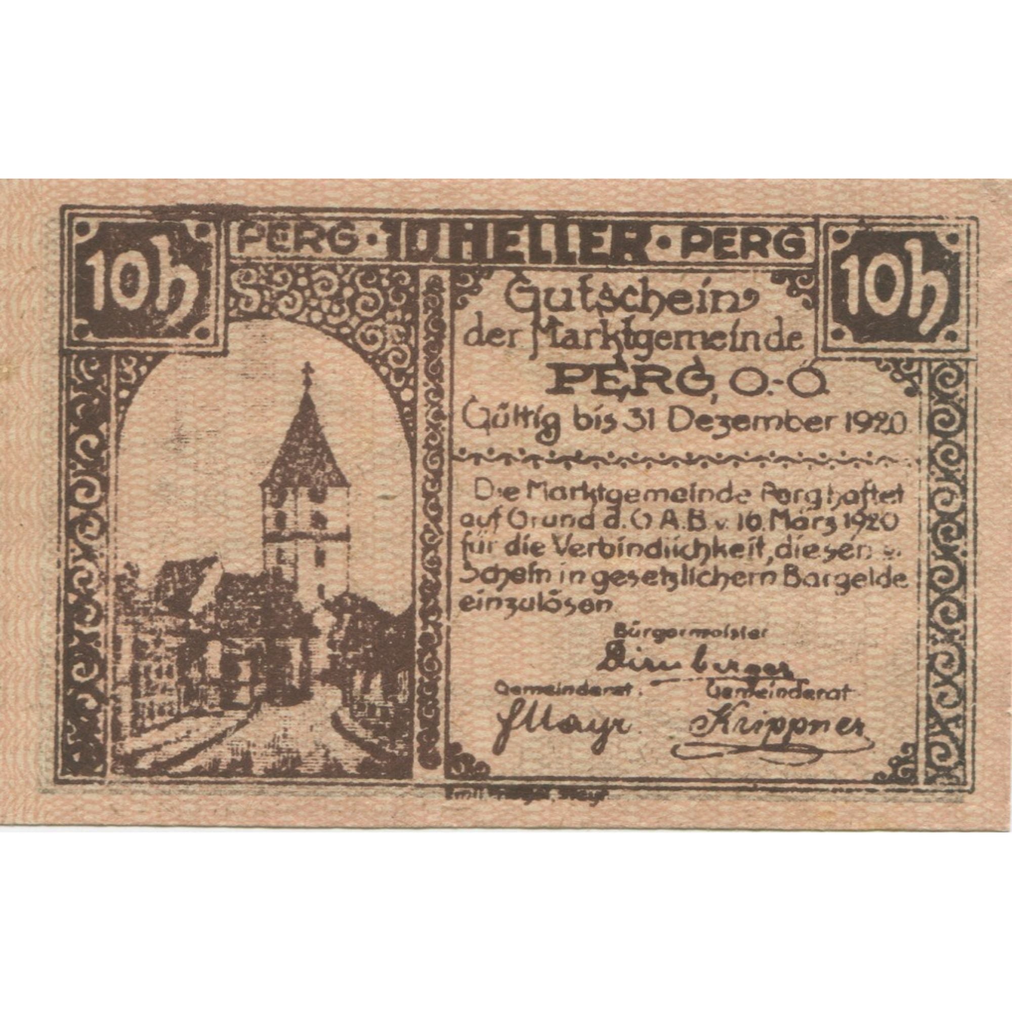 Banknote, Austria, Perg, 10 Heller, Blason 1920-12-31, UNC(63), Mehl:FS 730I