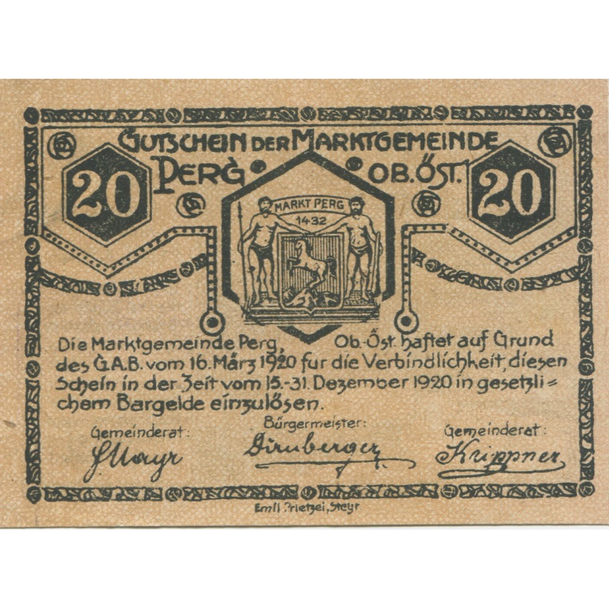 Nota, Áustria, Perg, 20 Heller, Blason, 1920, 1920-12-31, UNC(63), Mehl:FS 730I