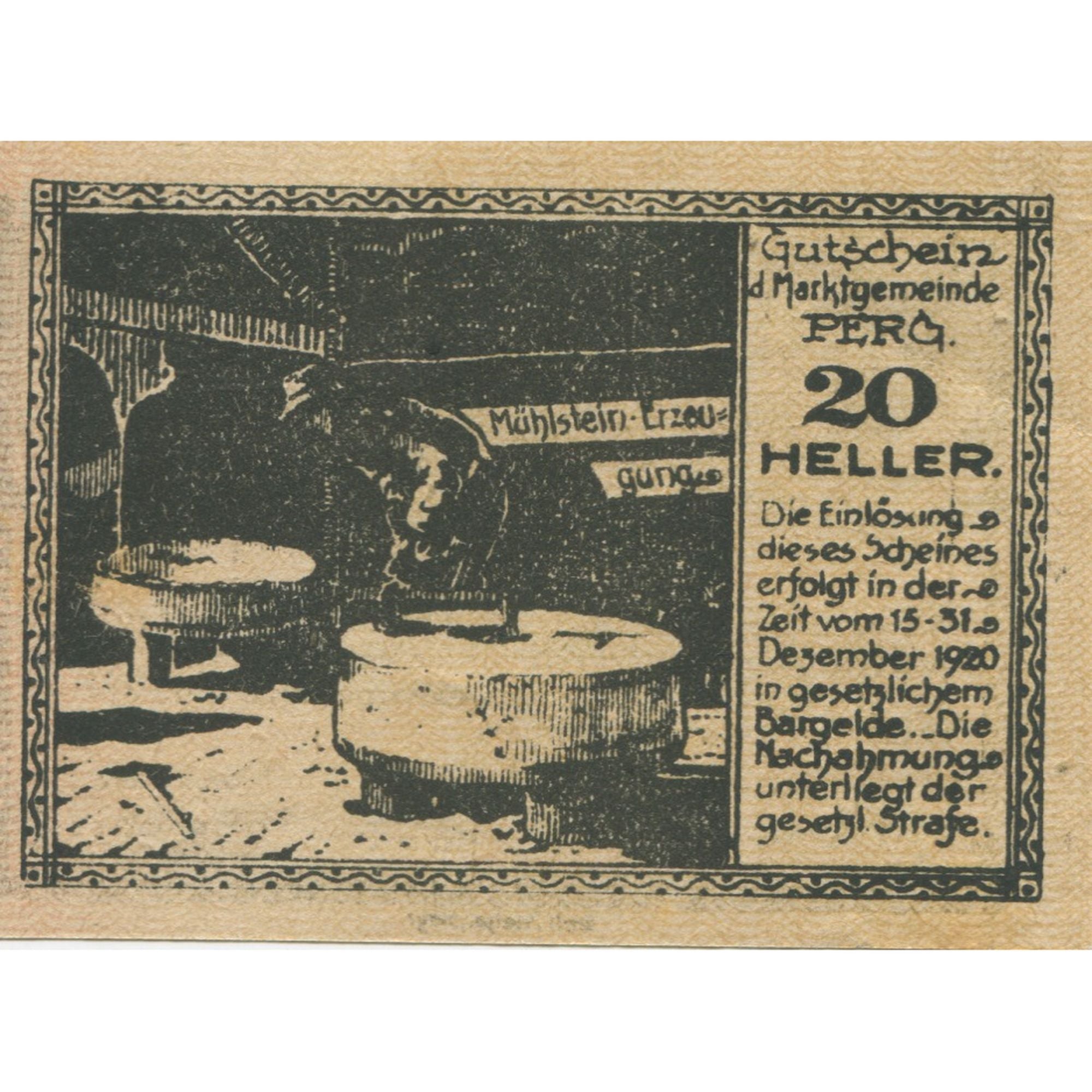 Nota, Áustria, Perg, 20 Heller, Blason, 1920, 1920-12-31, UNC(63), Mehl:FS 730I