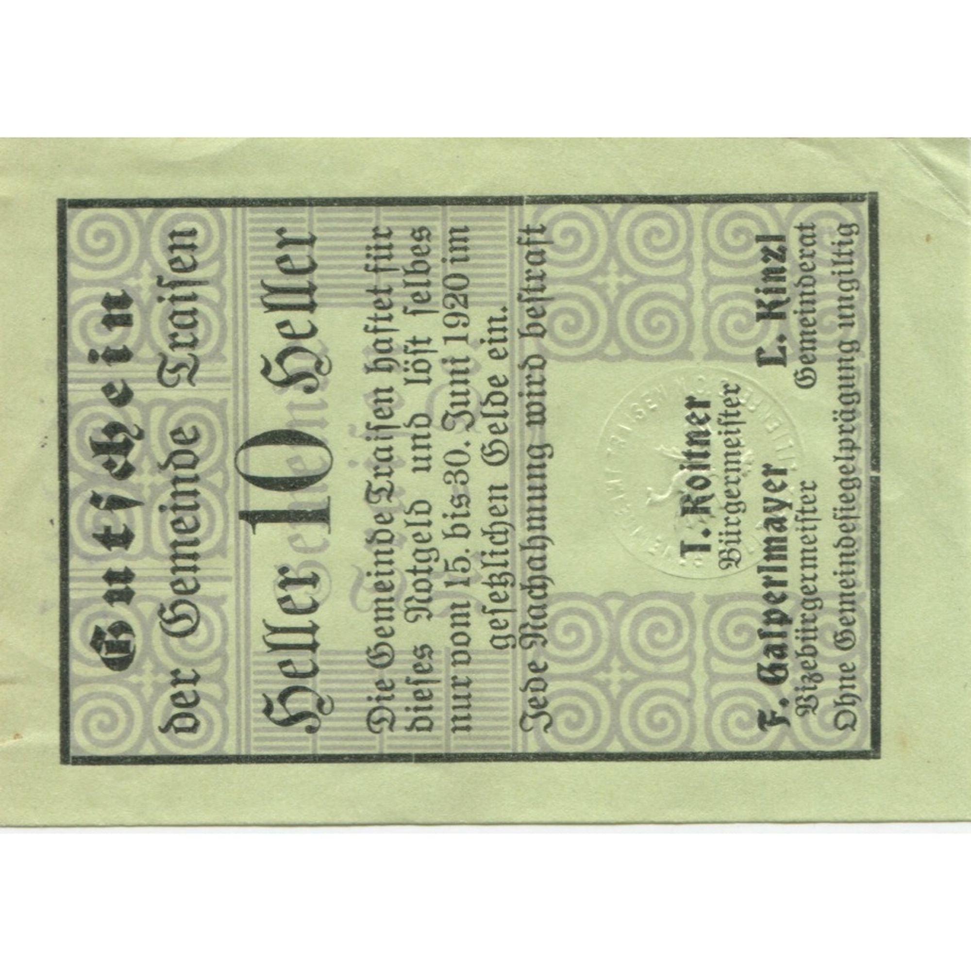 Banknote, Austria, Traisen, 10 Heller, Texte 1920-12-31, UNC(60-62) Mehl:FS 678a
