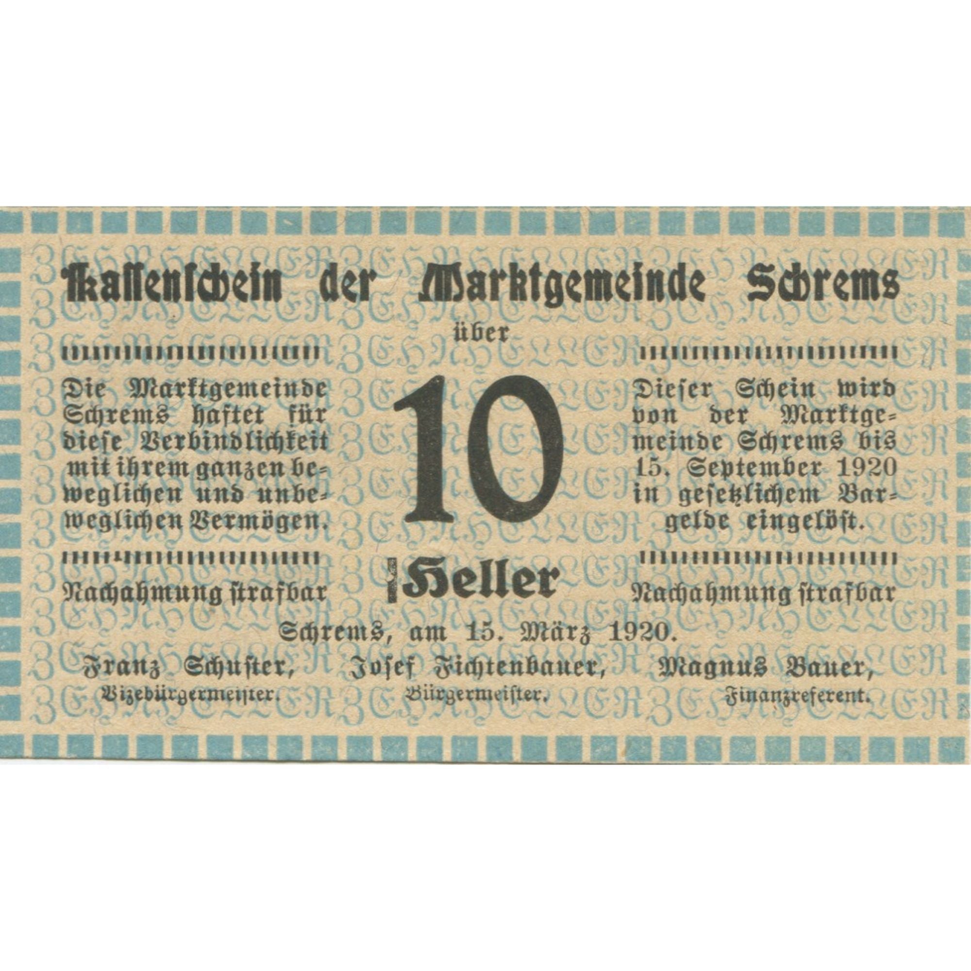 Banknote, Austria, Schrems, 10 Heller, Texte 1920-09-15, UNC(63), Mehl:FS 972Ib