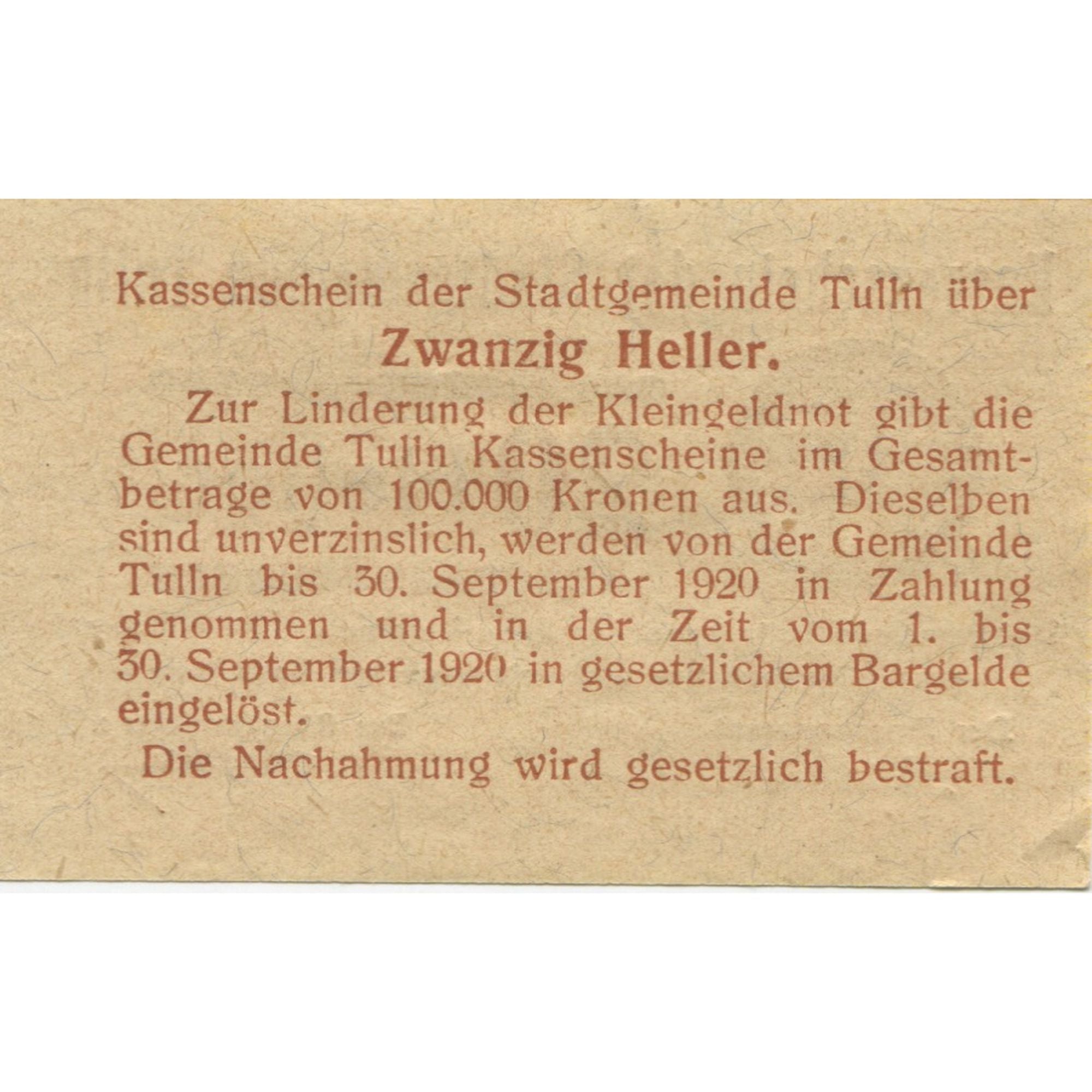 Banknote, Austria, Tulln, 20 Heller, Texte 1920-09-30, UNC(63), Mehl:FS 1083I