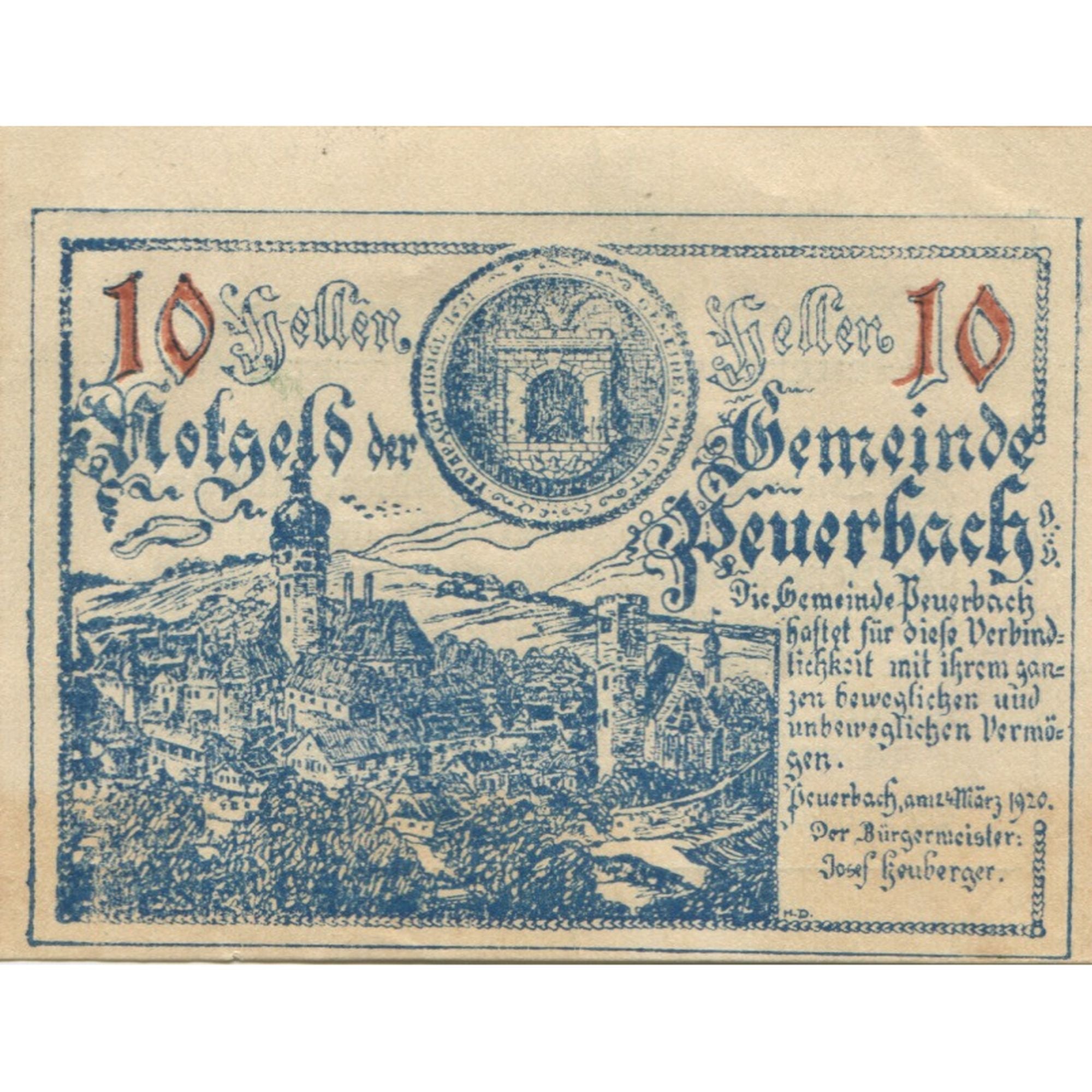 Banknote, Austria, Peuerbach, 10 Heller, château, 1920 UNC(63) Mehl:FS 741Ia