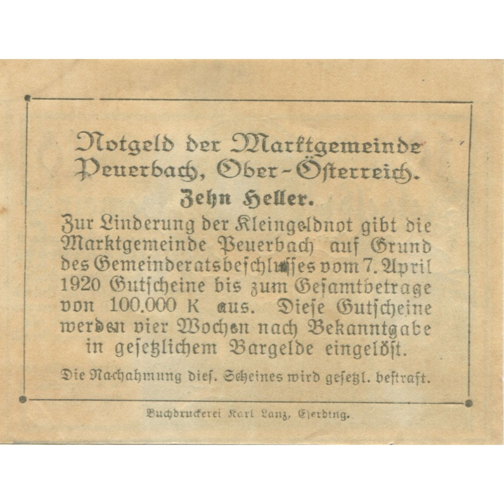 Banknote, Austria, Peuerbach, 10 Heller, château, 1920 UNC(63) Mehl:FS 741Ia
