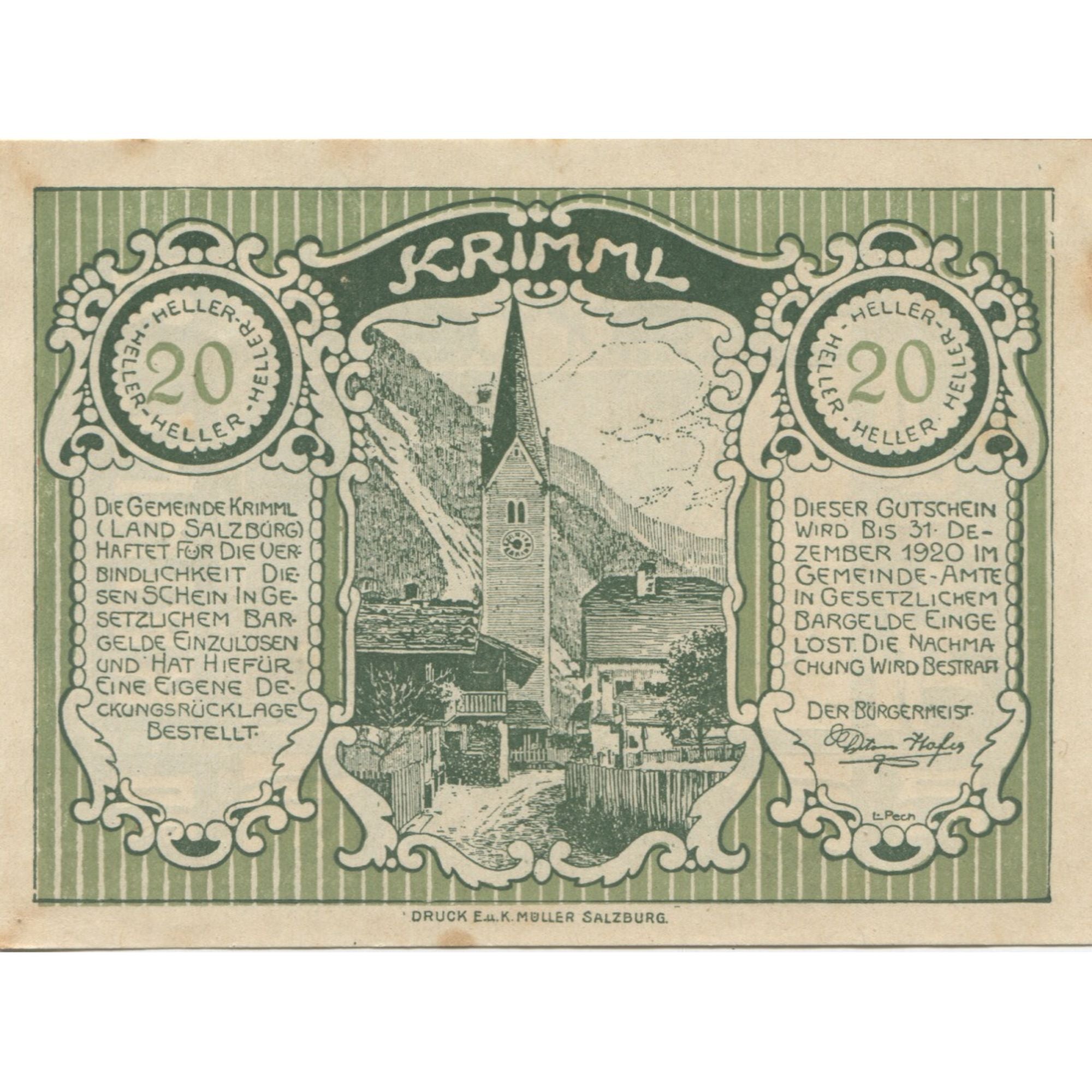 Banknote, Austria, Krimml, 20 Heller, montagne 1920-12-31, UNC(63) Mehl:FS 483a