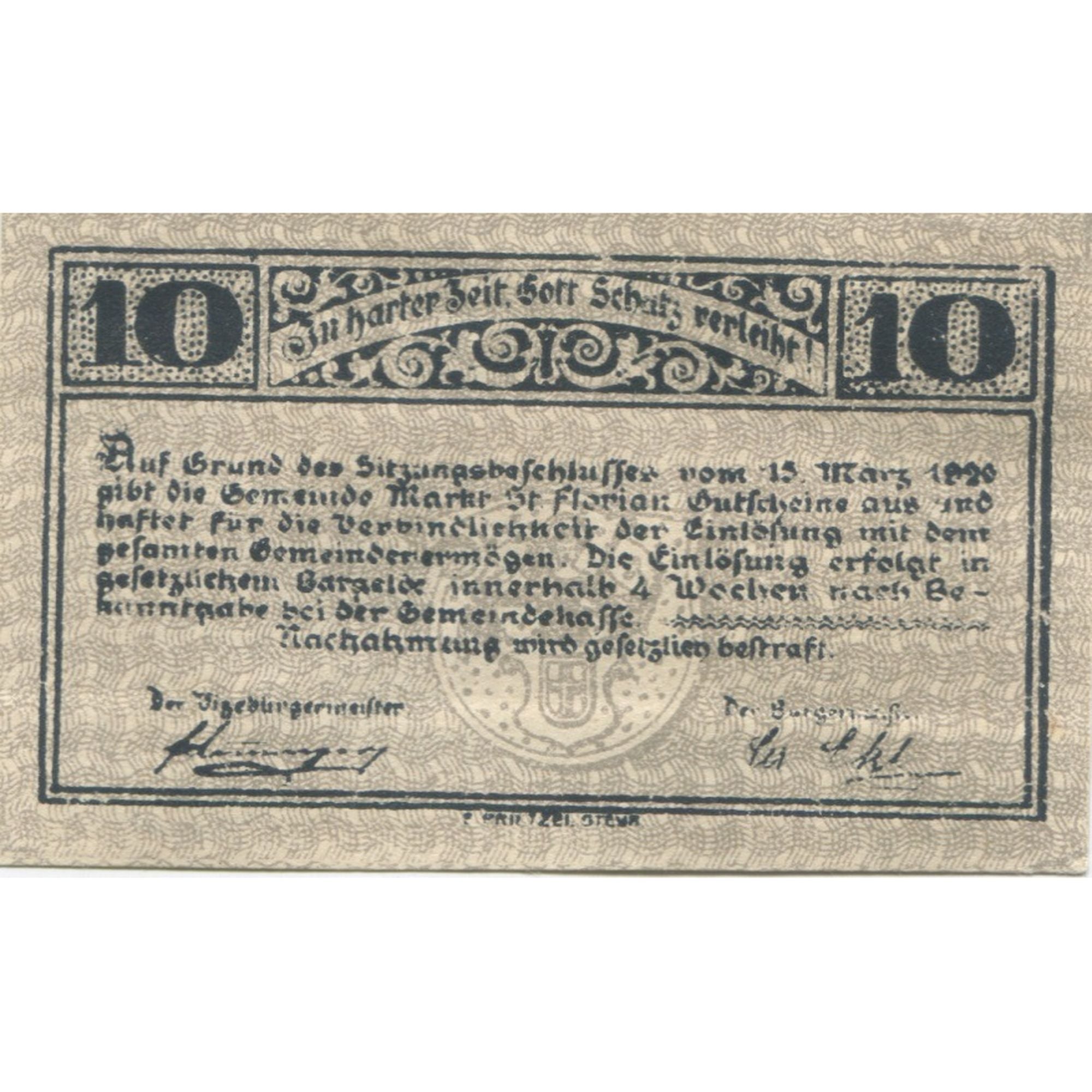 Banknote, Austria, St Florian, 10 Heller, village, 1920, UNC(63), Mehl:FS 878I
