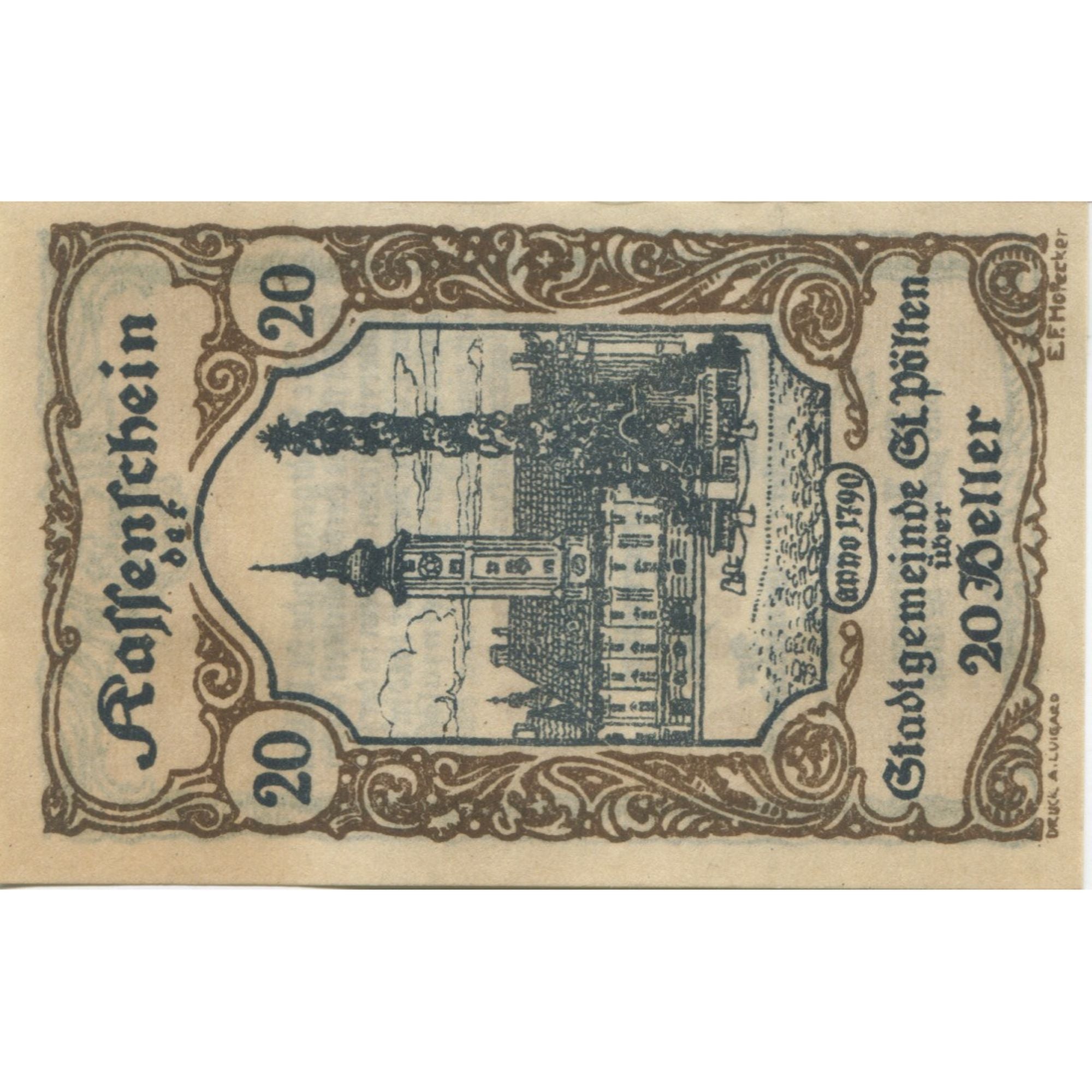 Banknote, Austria, St Pölten, 20 Heller, Eglise, 1920 UNC(63) Mehl:FS 927III