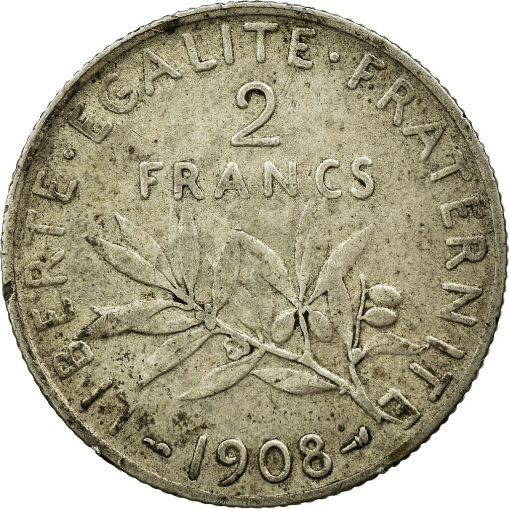 Monnaie, France, Semeuse, 2 Francs, 1908, TTB, Argent, KM:845.1, Gadoury:532