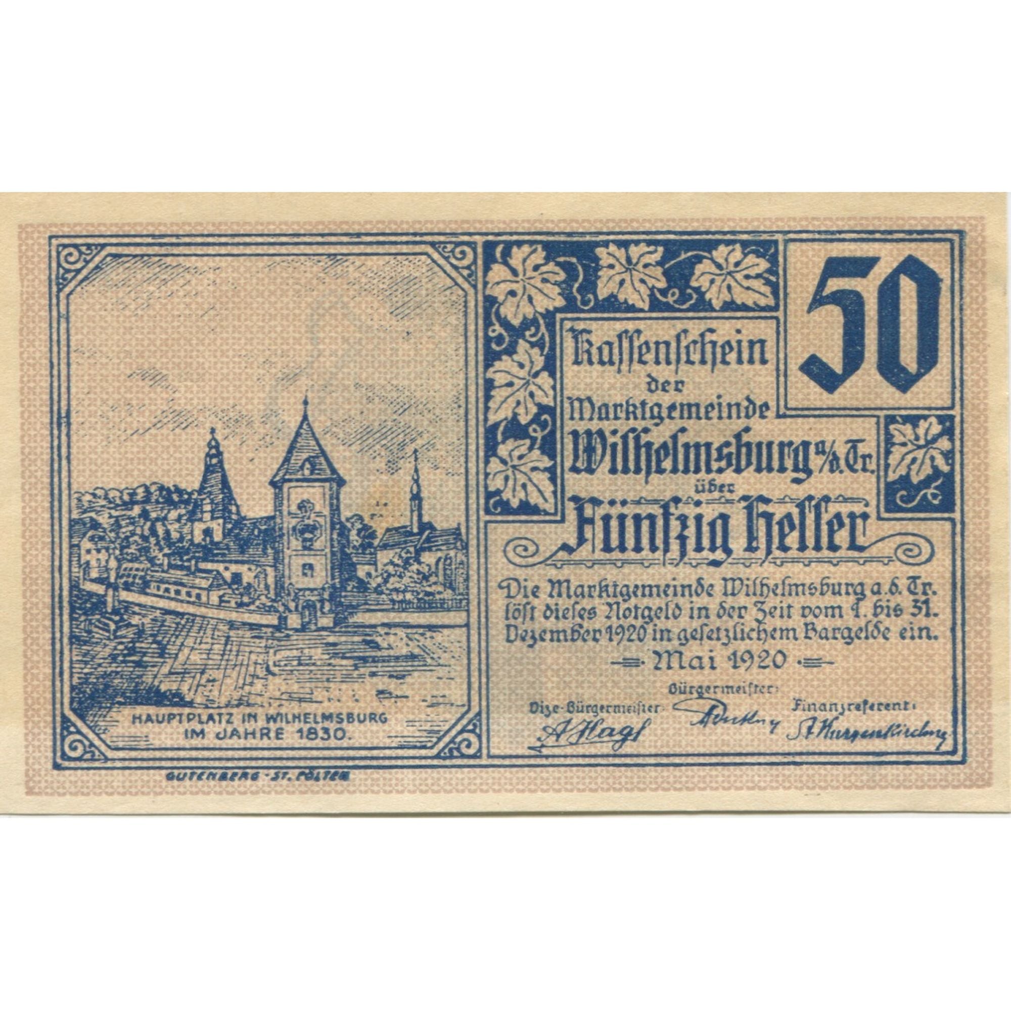 Billet, Autriche, Wilhelmsburg, 50 Heller, village 1920-12-31, SPL Mehl:FS 1235a