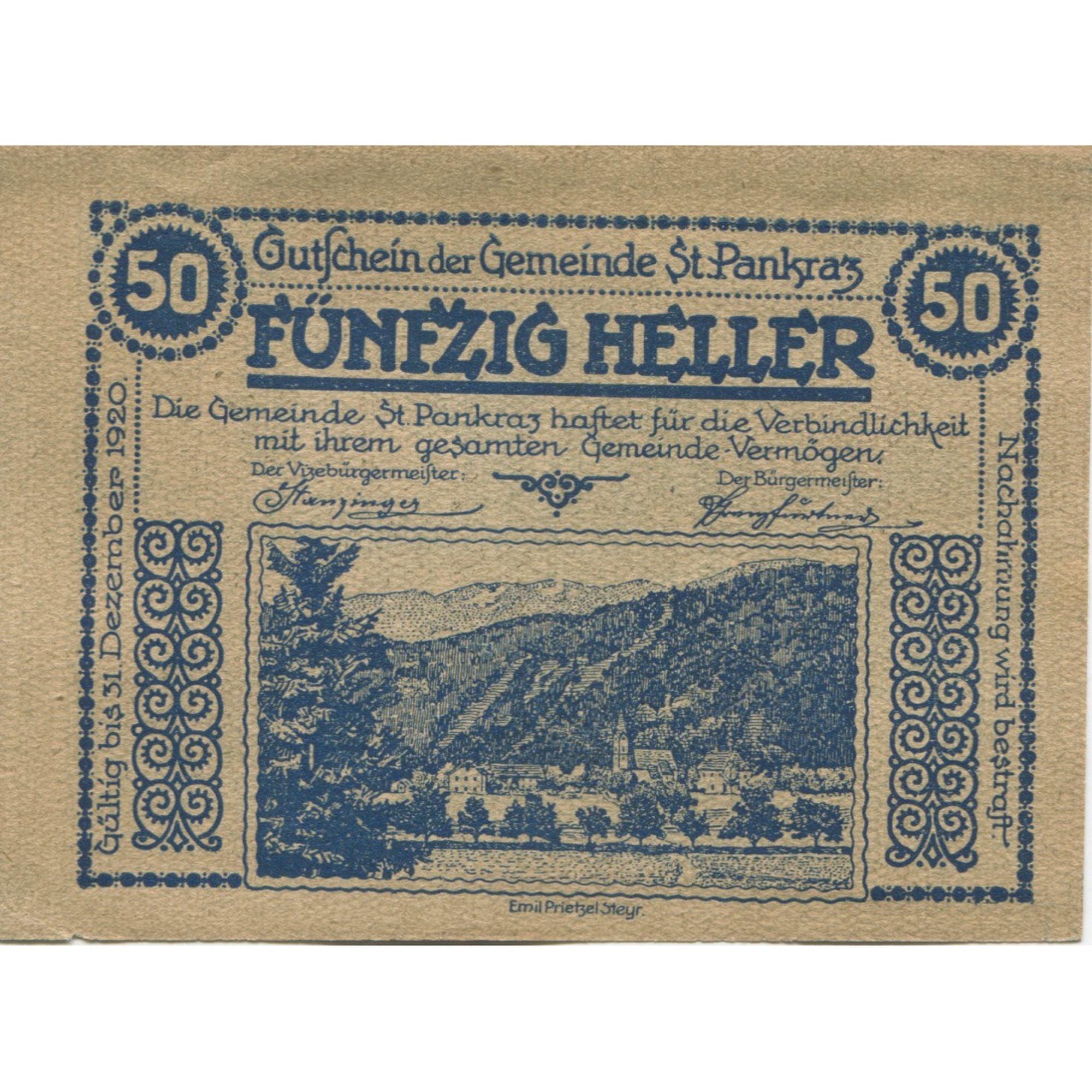 Banknote, Austria, St Pankraz, 50 Heller, montagne, 1920 UNC(63) Mehl:FS 919a1