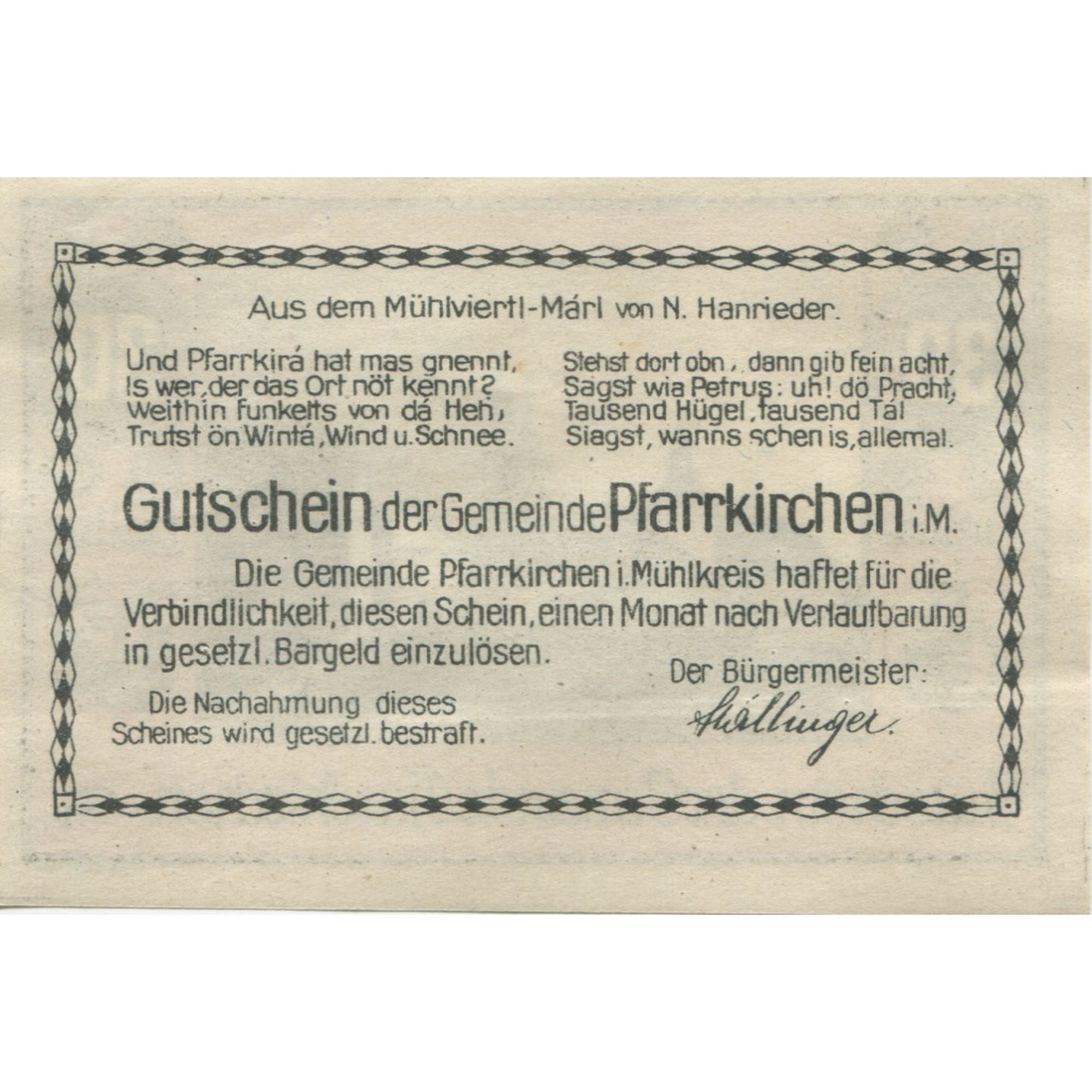 Banknote, Austria, Pfarrkirchen, 30 Heller, route, 1920, UNC(63), Mehl:FS 744
