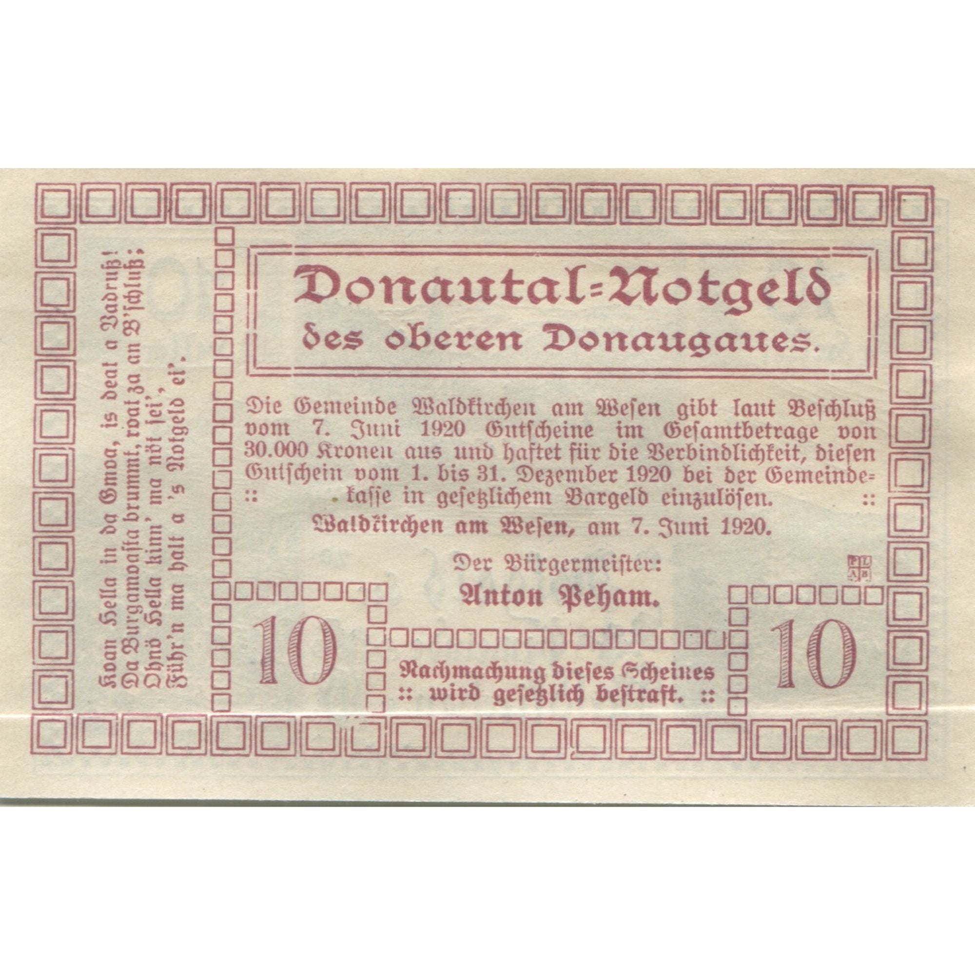 Banknote, Austria, Waldkirchen, 10 Heller, paysage, 1920 UNC(63) Mehl:FS 1133d