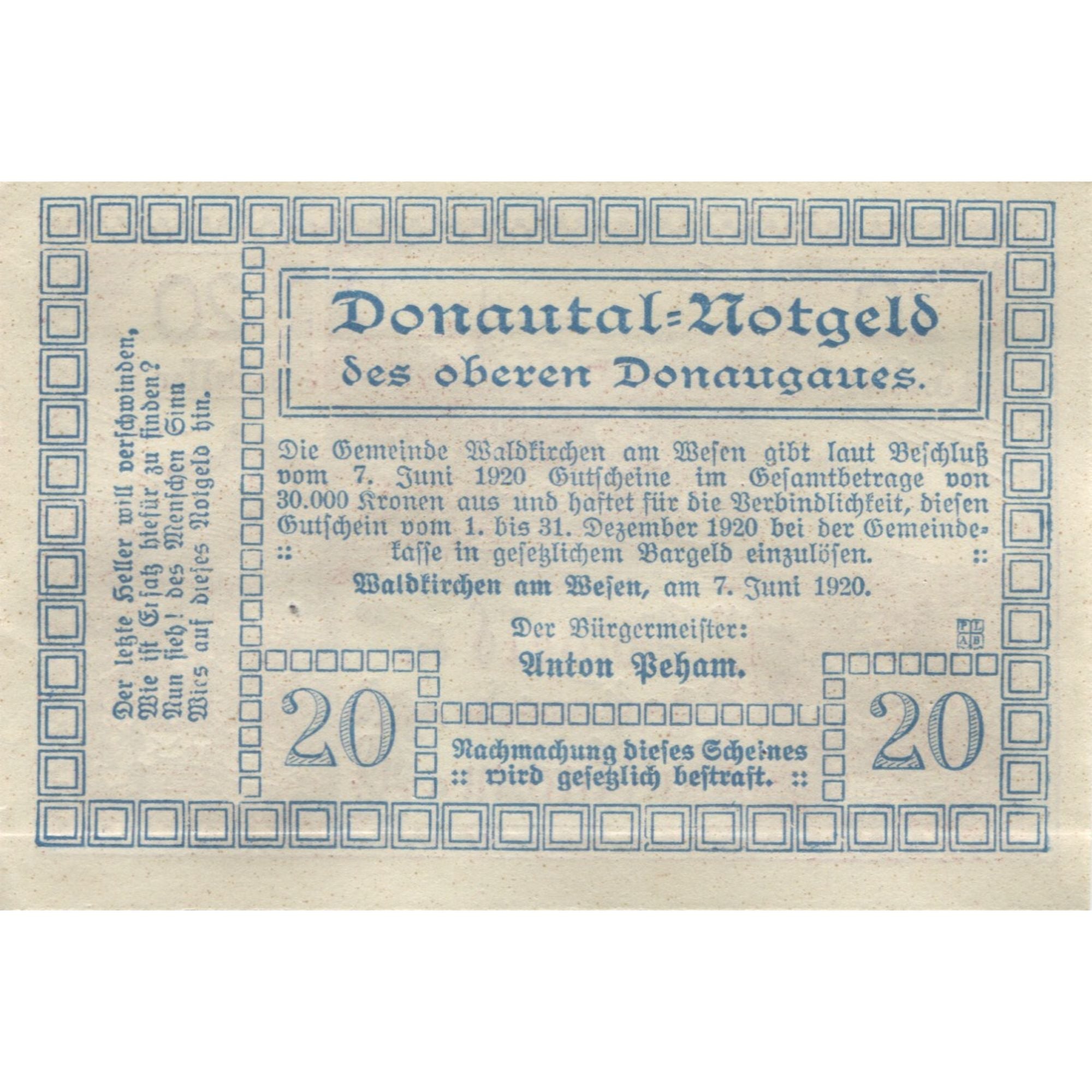 Banknote, Austria, Waldkirchen, 20 Heller, village, 1920, UNC(63) Mehl:FS 1133d