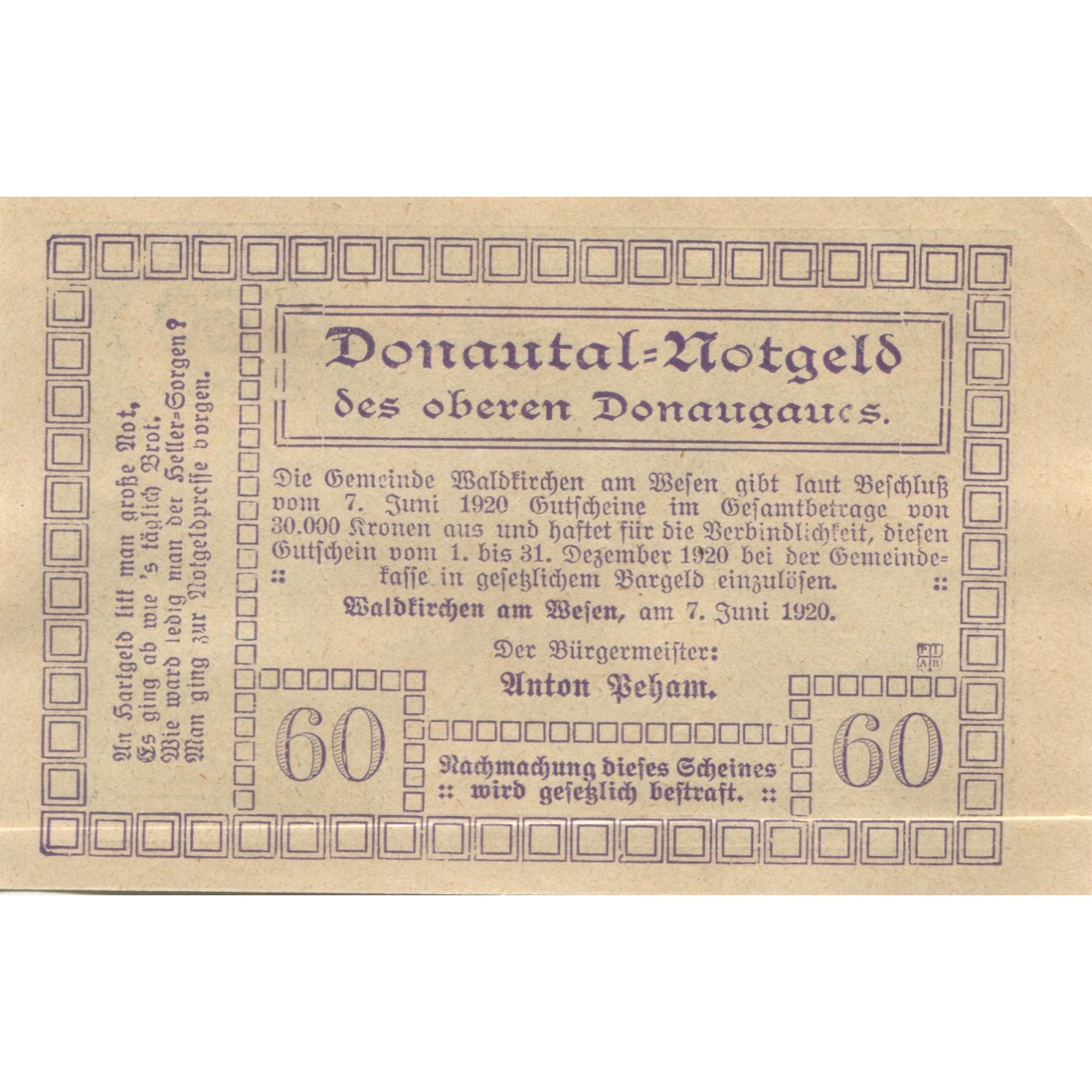 Banknote, Austria, Waldkirchen, 60 Heller, Eglise, 1920 UNC(63) Mehl:FS 1133d