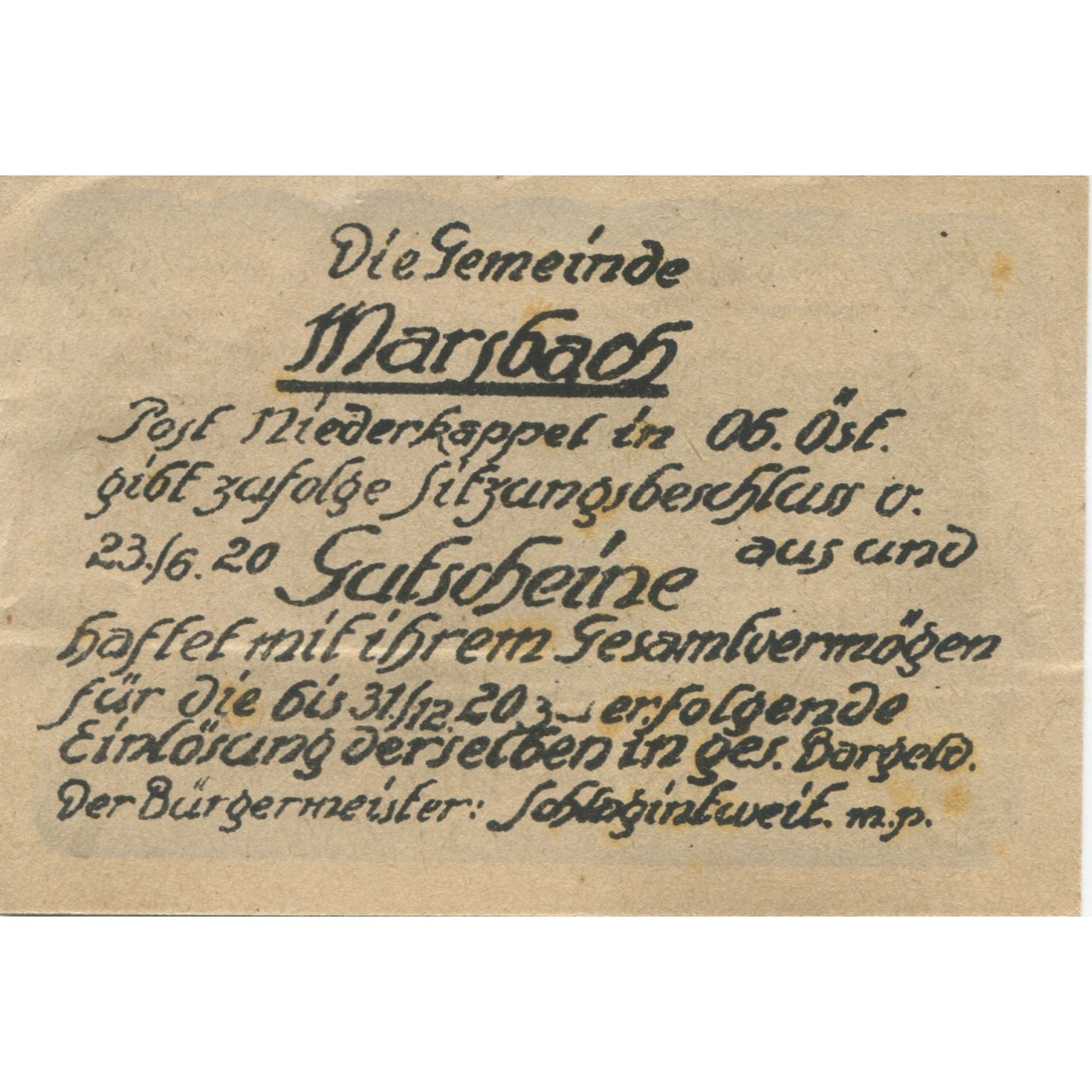 Banknote, Austria, Marsbach, 50 Heller, montagne, 1920 UNC(63) Mehl:FS 592a