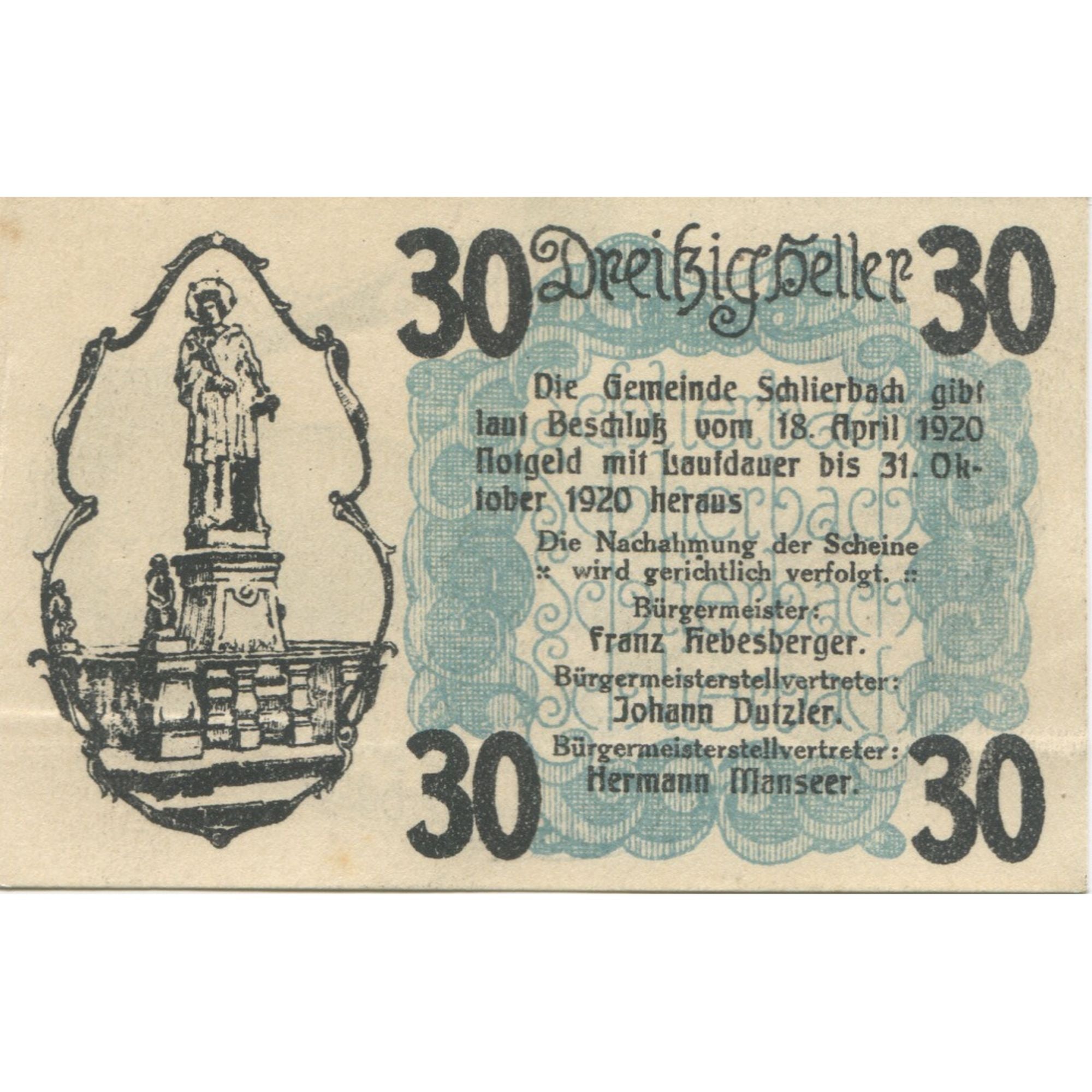 Banknote, Austria, Schlierbach, 30 Heller, statue 1920 UNC(63) Mehl:FS 962I