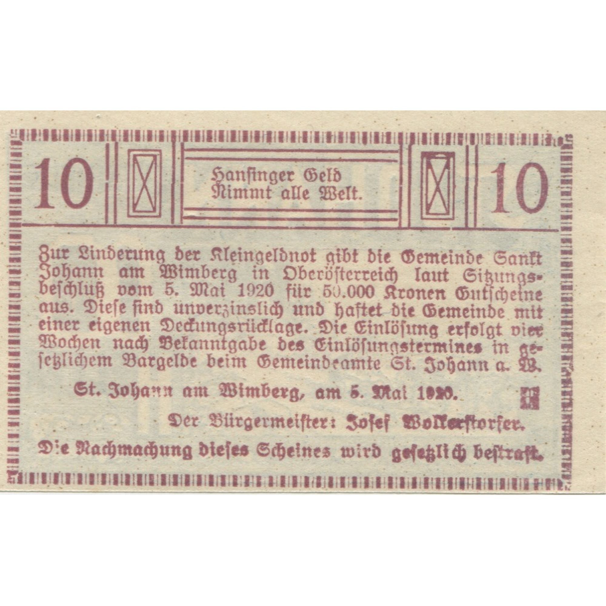 Banknote, Austria, St Johann, 10 Heller, paysage, 1920, UNC(63), Mehl:FS 894aa