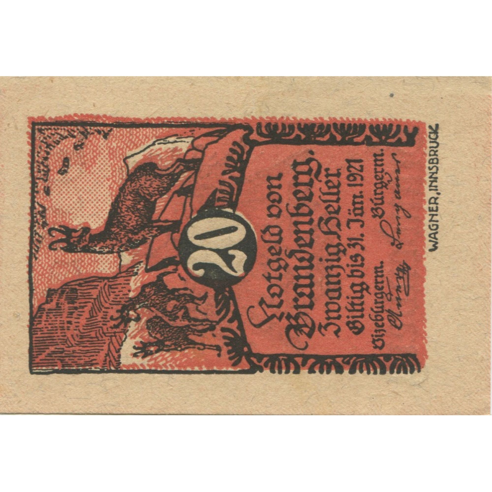 Banknot, Austria, Brandenberg, 20 Heller, cerf 1920-12-31, UNC(63) Mehl:FS 99a