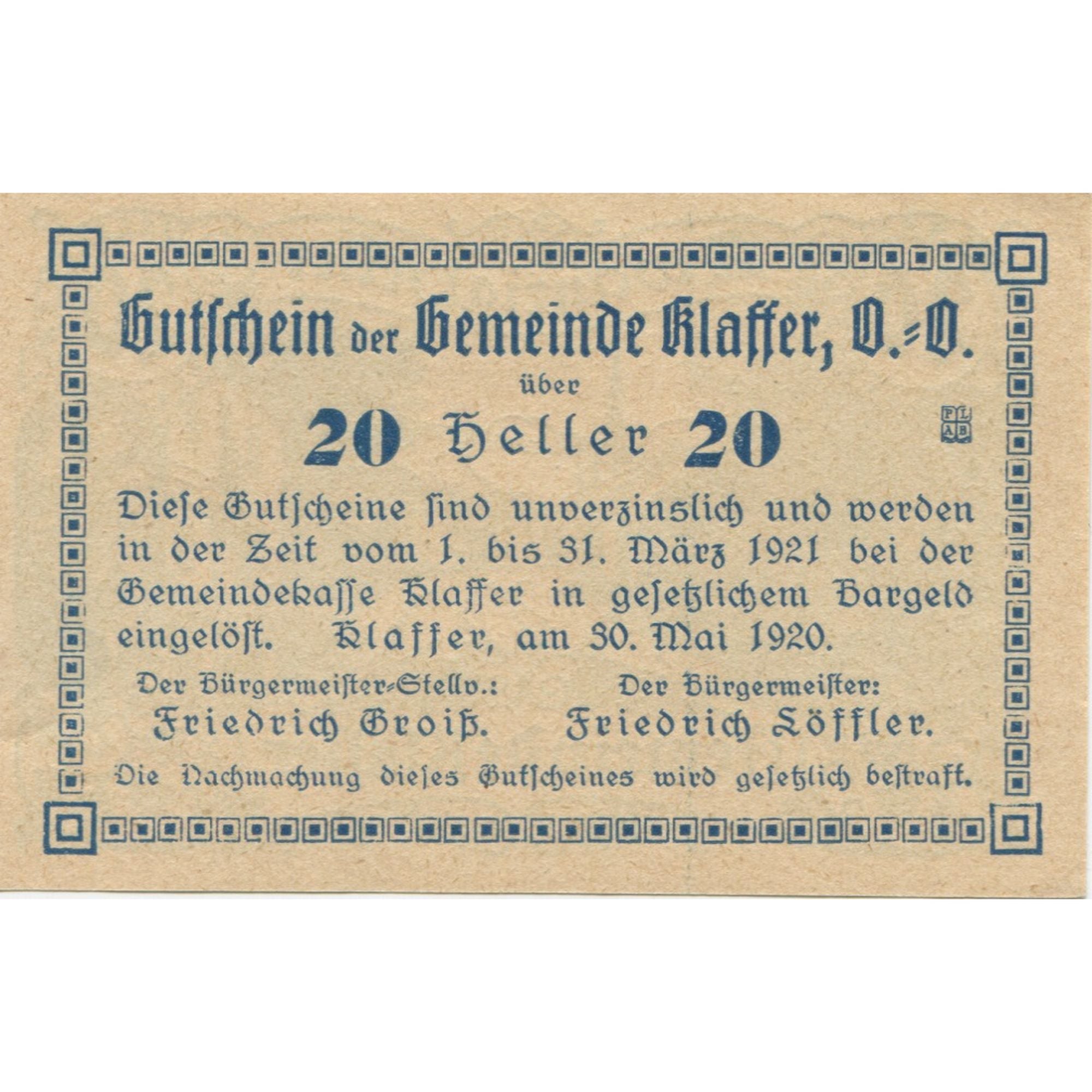 Banknote, Austria, Klaffer, 20 Heller, route 1921-03-31, UNC(63), Mehl:FS 450b