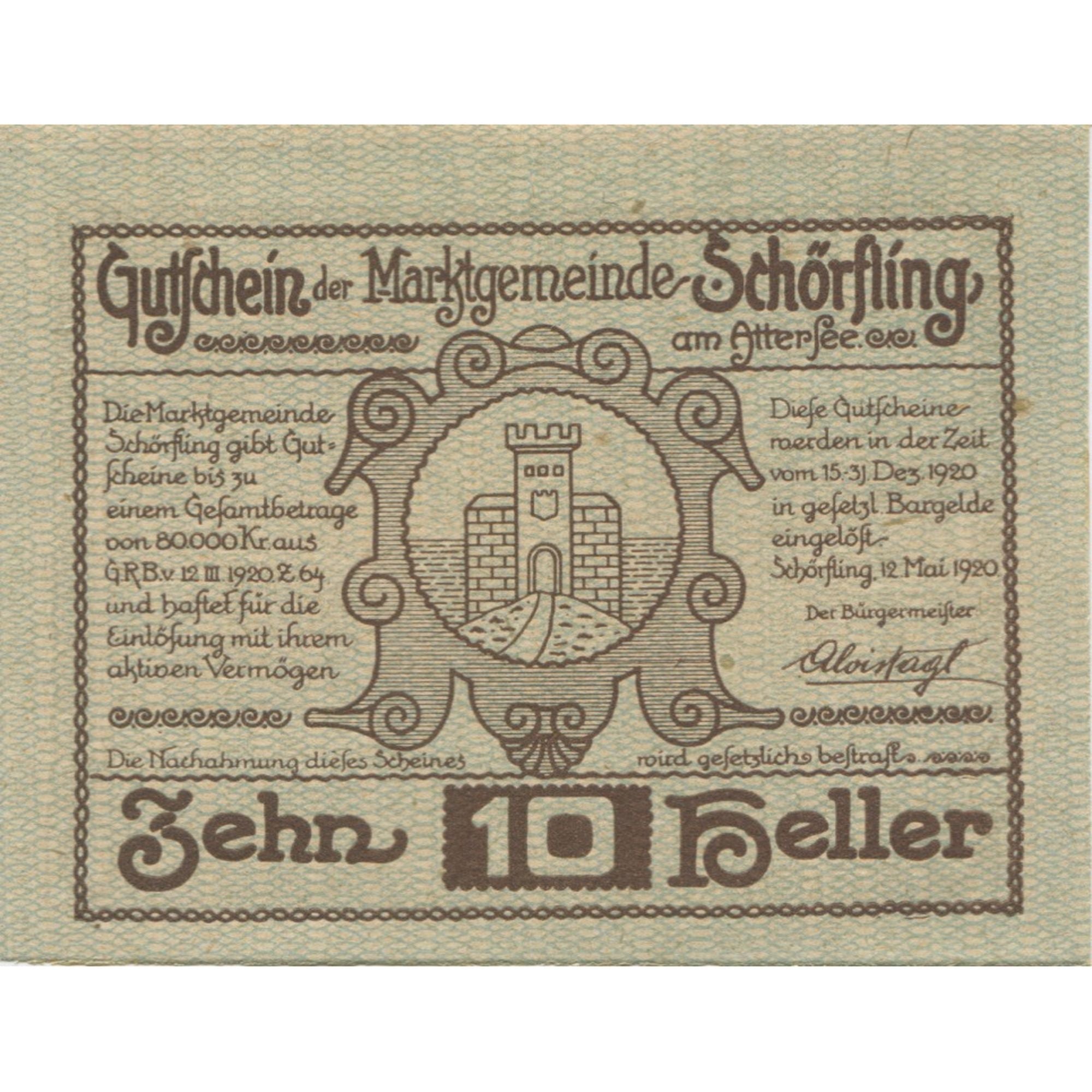 Banknote, Austria, Schörfling, 10 Heller, Blason, 1920 UNC(63) Mehl:FS 971a
